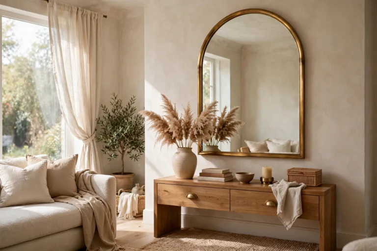 Arched brass-framed mirror above a wooden console table in a bright living room