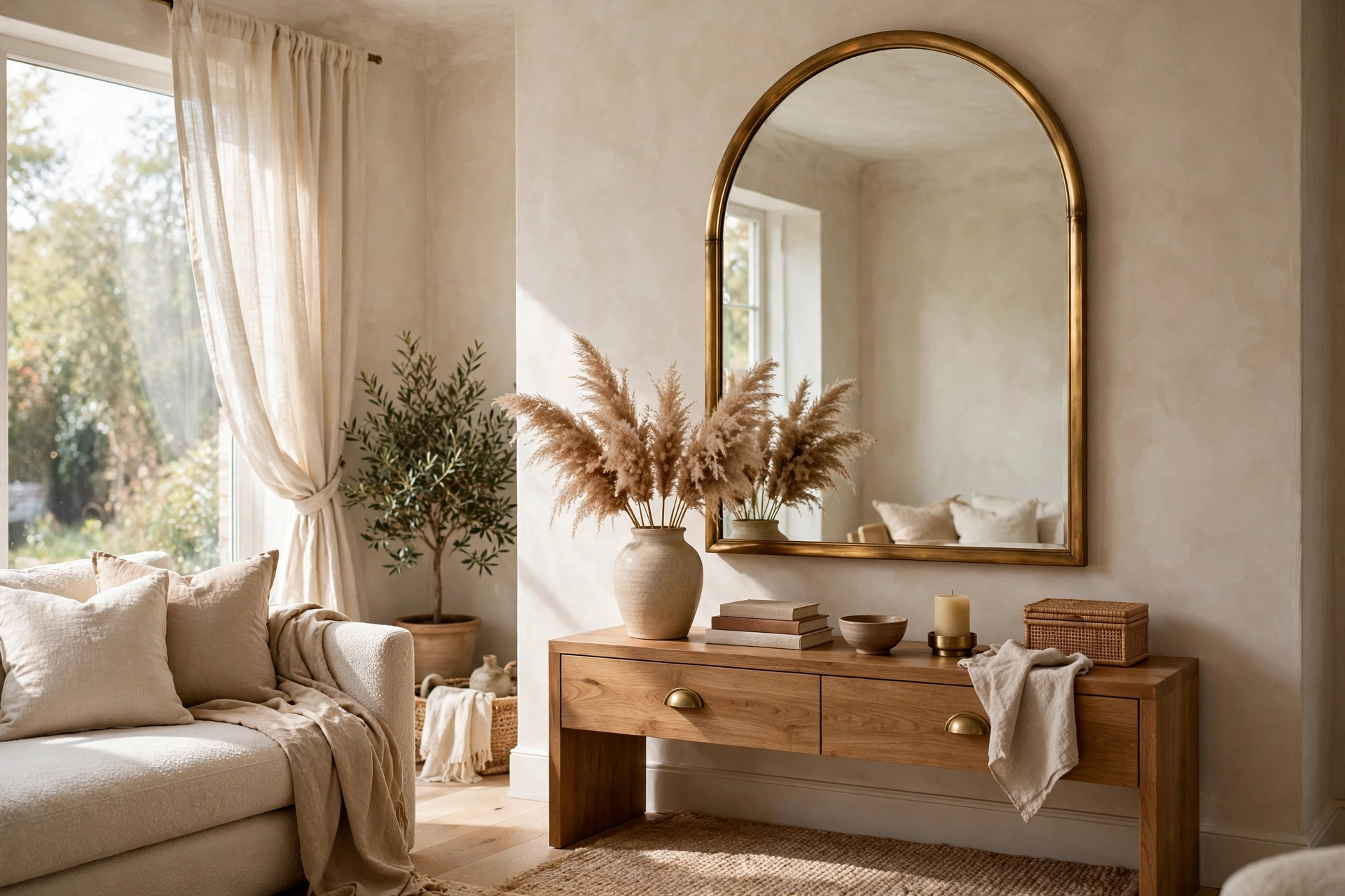 Arched brass-framed mirror above a wooden console table in a bright living room