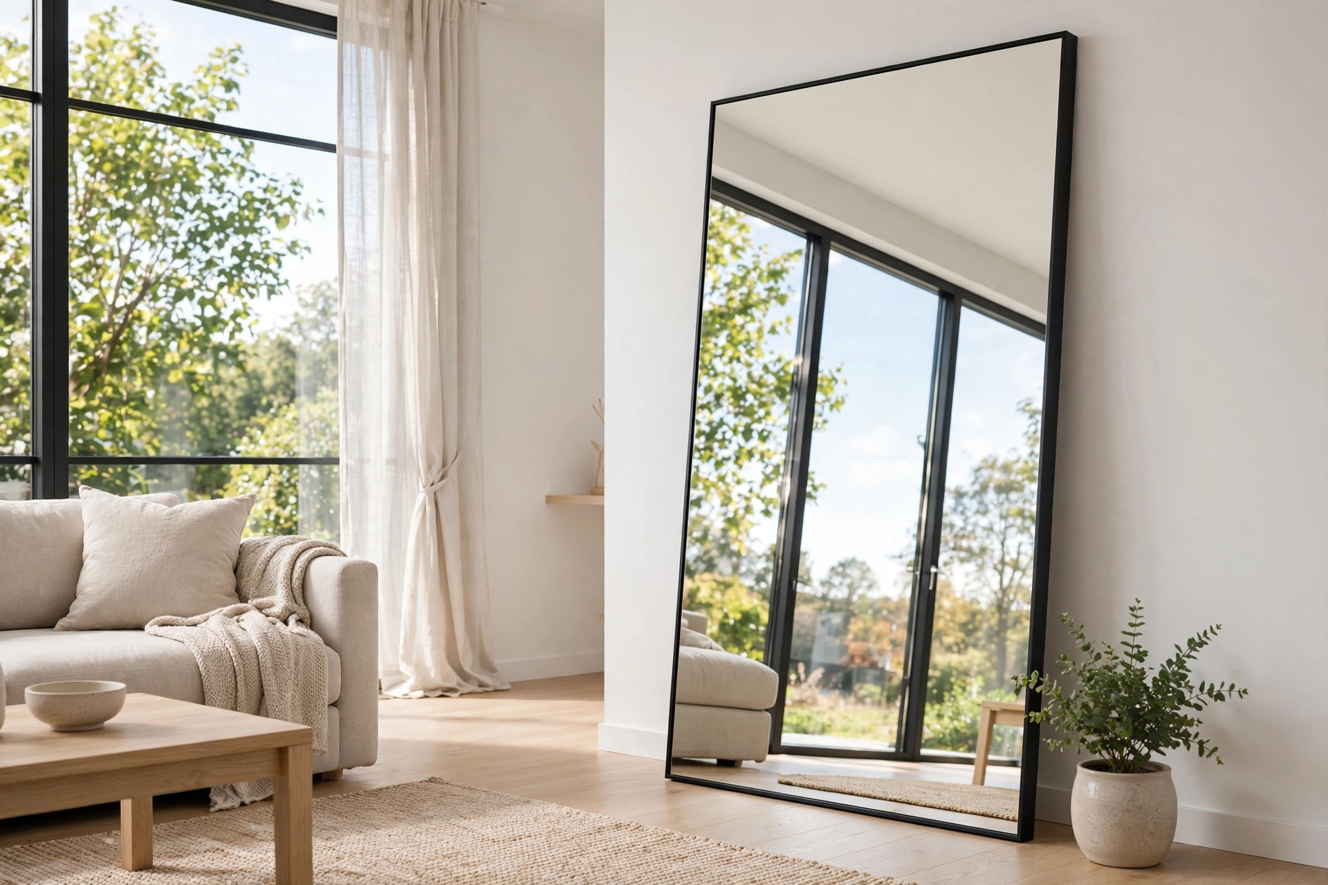 Oversized black-framed floor mirror leaning against a living room wall opposite a window — wall mirror decor ideas for bright living rooms