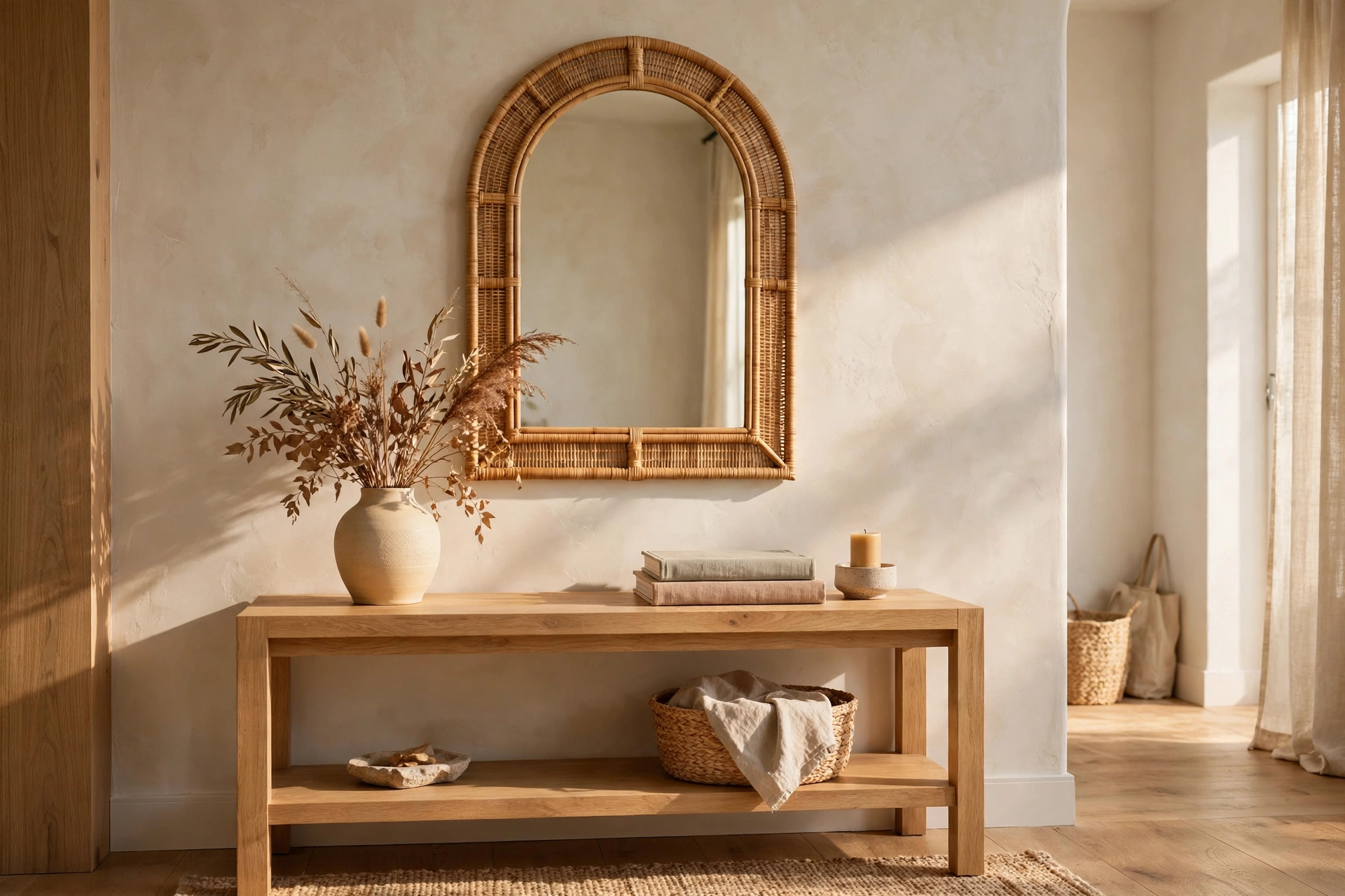 Arched rattan mirror above a light oak console table in a cozy entryway — wall mirror decor ideas for entryways