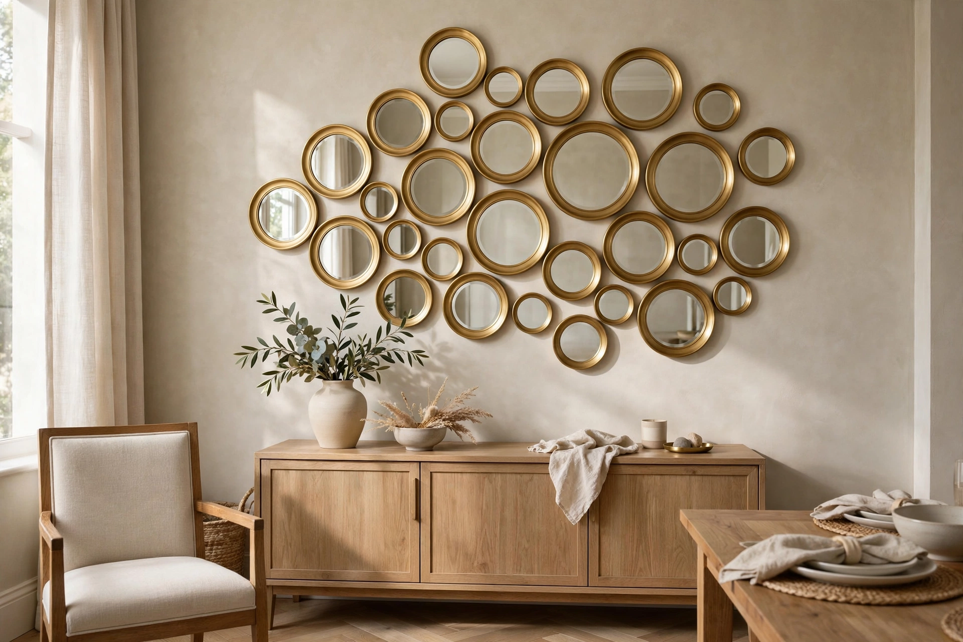 Gallery wall of small round mirrors in brushed gold frames in a dining room — wall mirror decor ideas for dining rooms