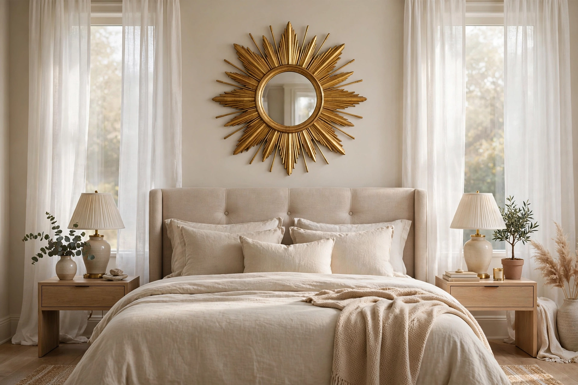 Gold sunburst mirror centered above an upholstered headboard in a serene bedroom — wall mirror decor ideas for bedrooms