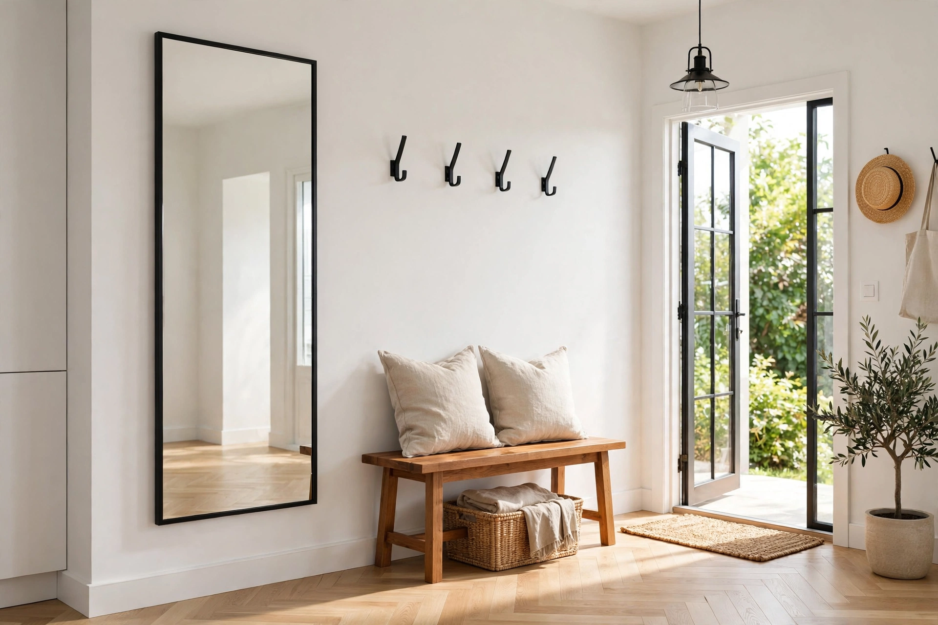 Full-length mirror with thin black frame in a bright entryway beside a wooden bench — wall mirror decor idea