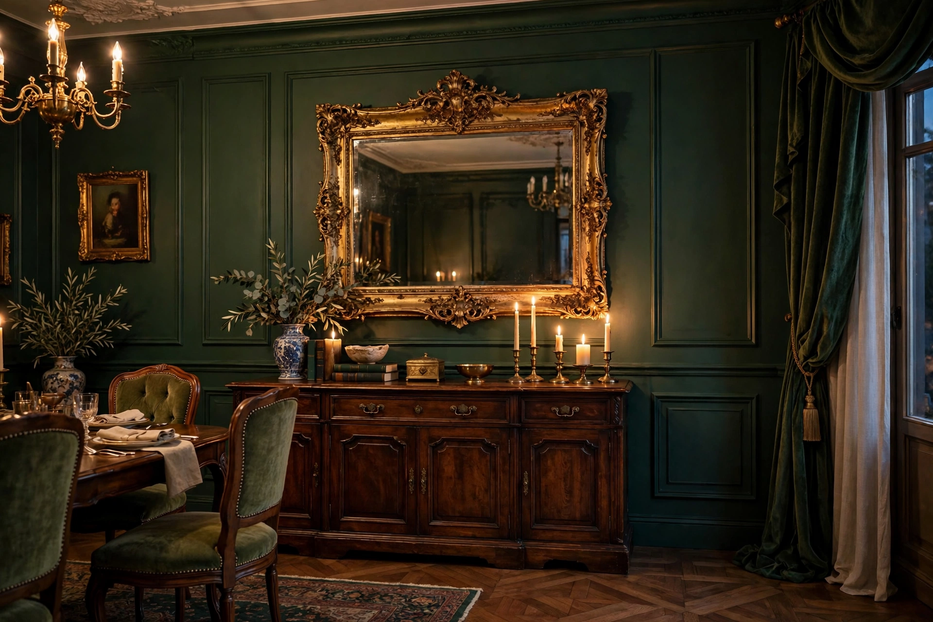 Ornate antique gold-framed mirror above a dark wood sideboard in an elegant dining room — wall mirror decor idea