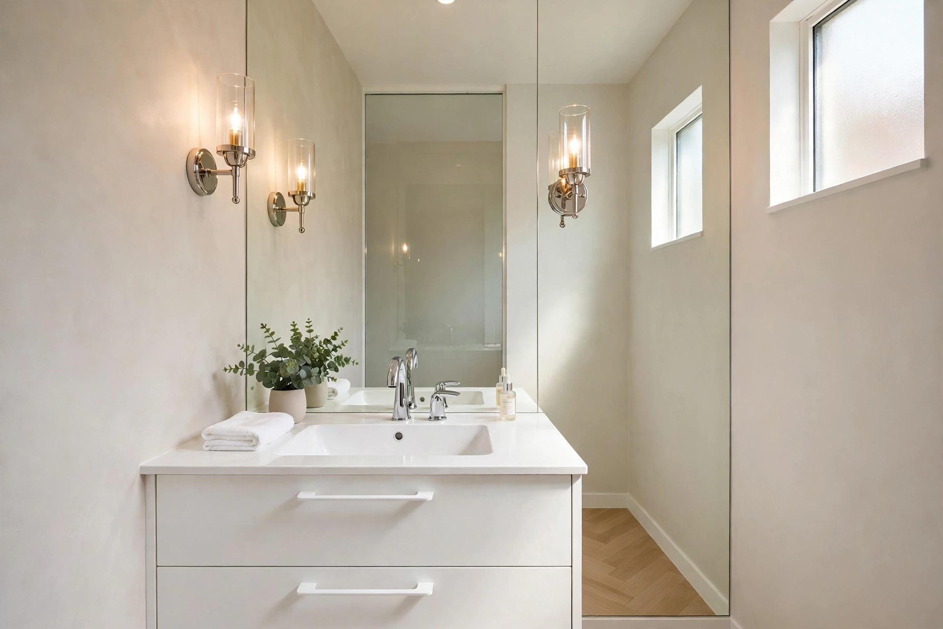 Small modern bathroom with a full mirrored accent wall behind the vanity — wall mirror decor idea