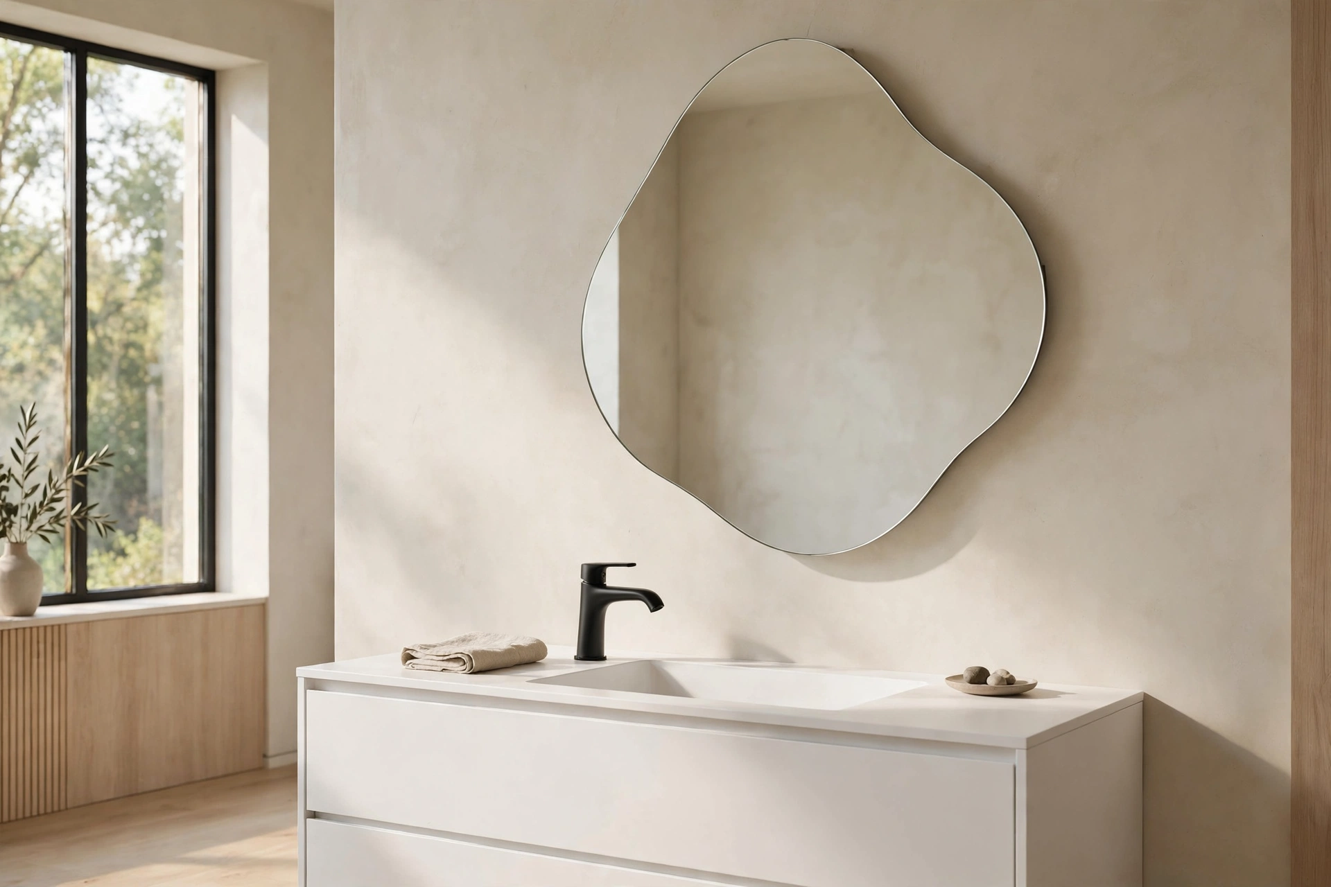 Irregular organic pebble-shaped mirror above a bathroom vanity with matte black faucet — wall mirror decor idea
