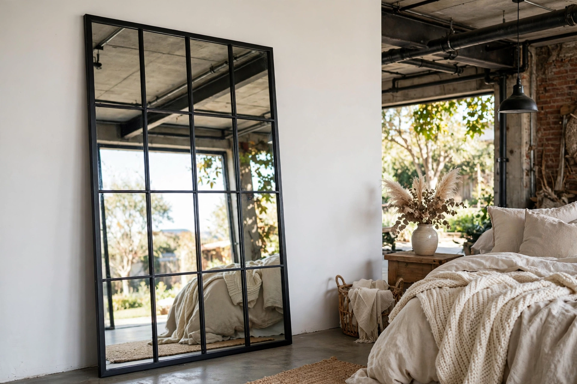Tall black windowpane grid mirror leaning against a bedroom wall — wall mirror decor idea