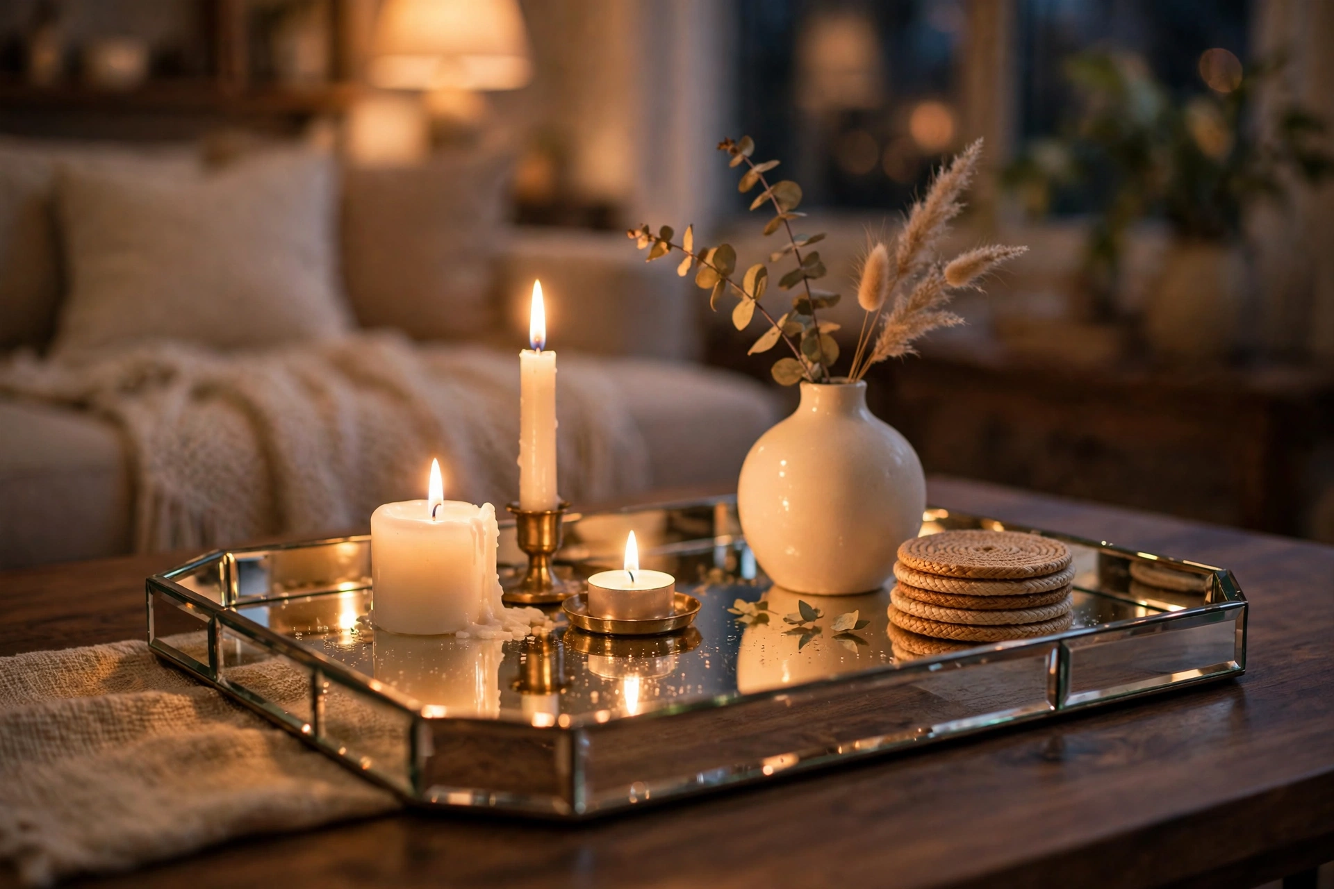 Mirrored tray on a coffee table styled with candles and a vase — wall mirror decor idea