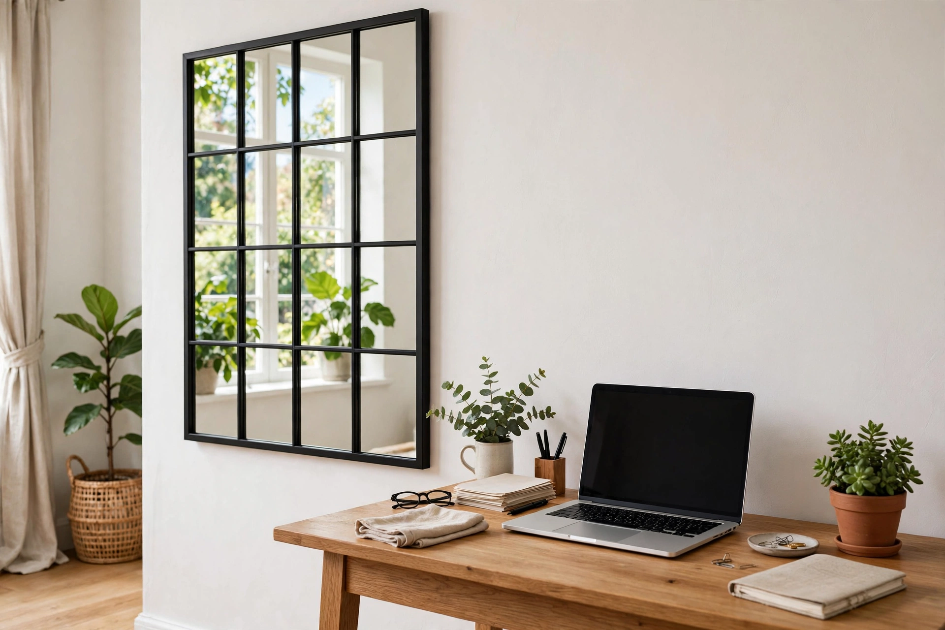 Black-framed grid mirror on a home office wall beside a wooden desk — wall mirror decor idea