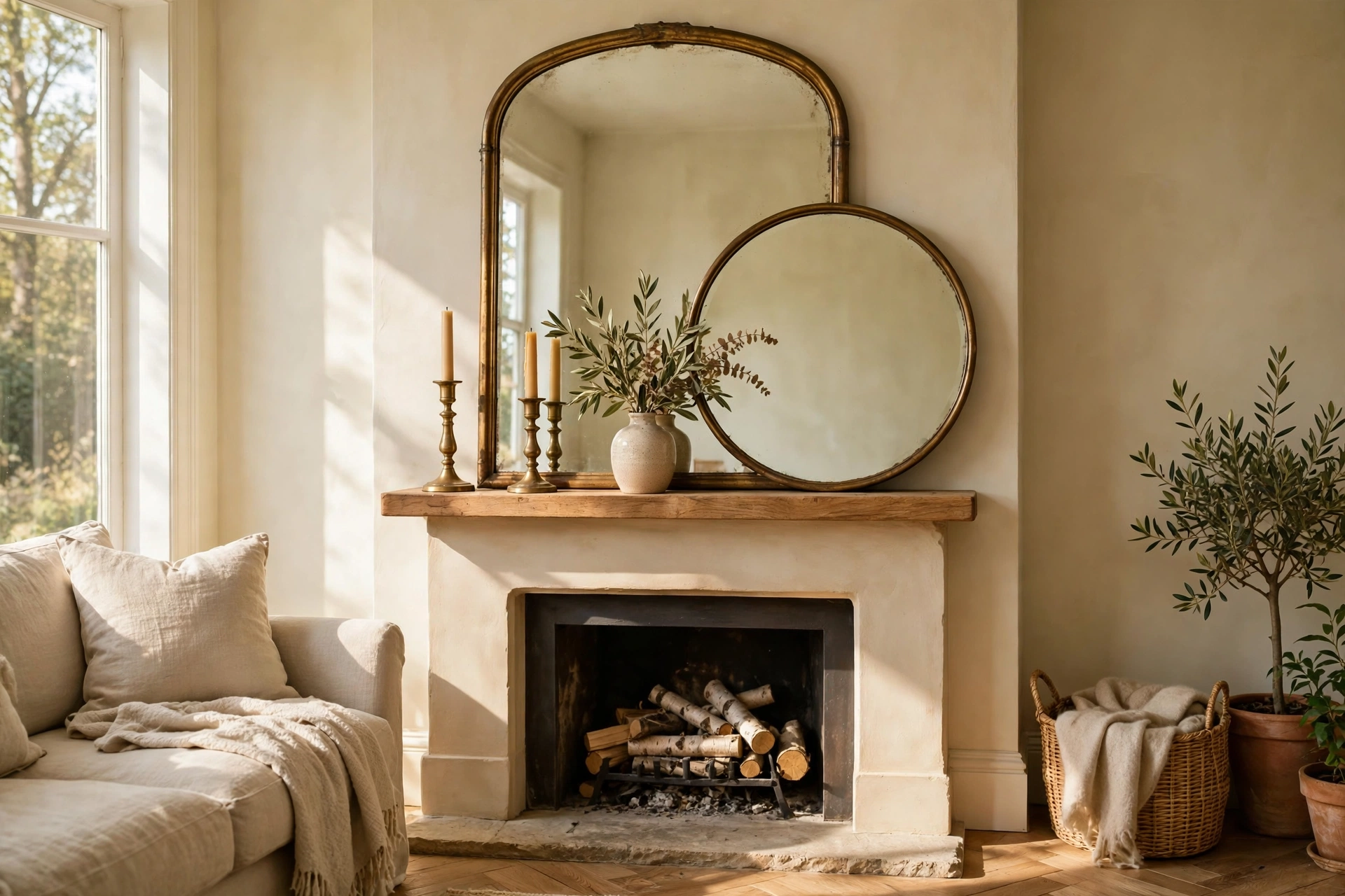 Layered mirrors of different shapes styled on a fireplace mantel — wall mirror decor idea
