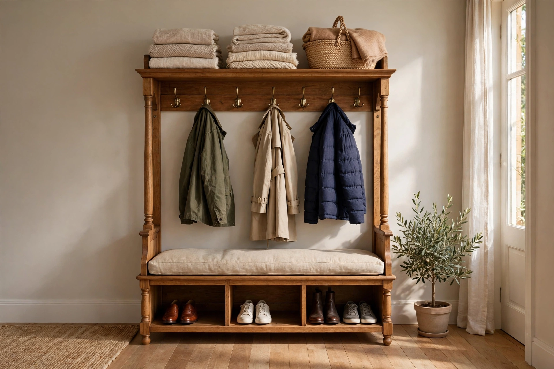 Wooden hall tree with coat hooks, bench, and shoe cubbies — classic entryway storage ideas