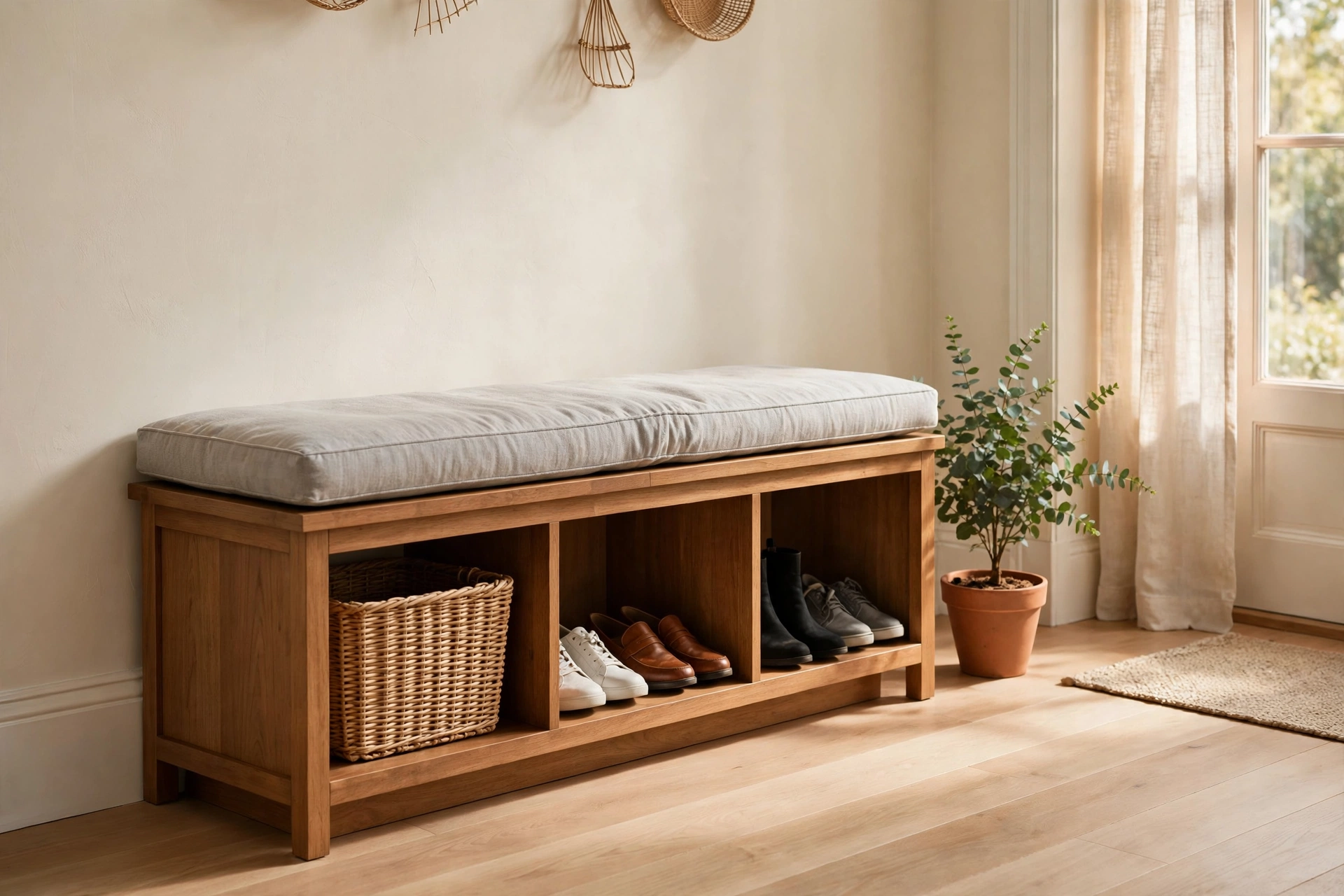 Storage bench with cushion and shoe cubbies in a bright foyer — practical entryway storage ideas