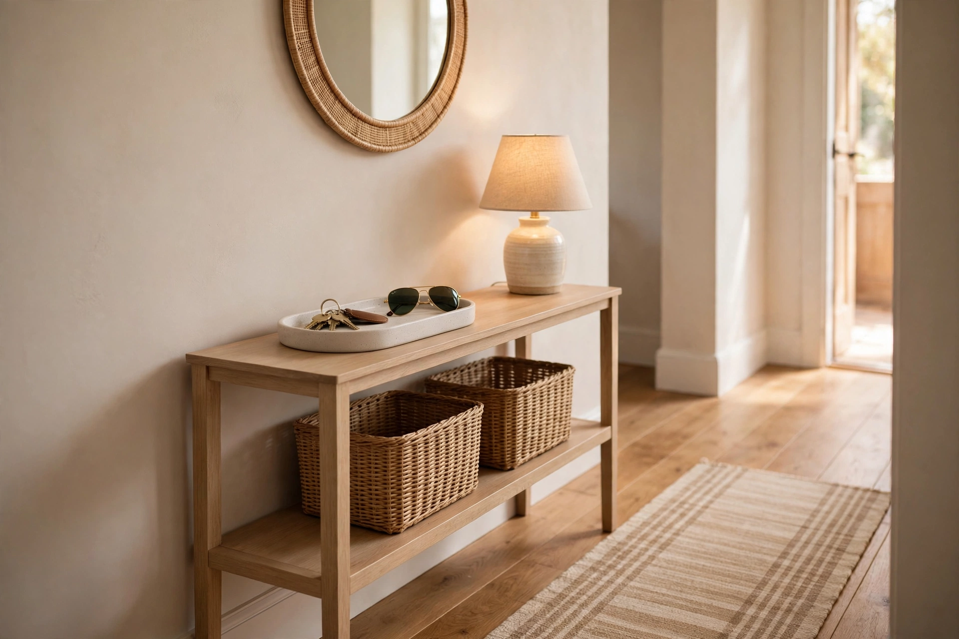 Slim console table with key tray and mirror in a narrow hallway — entryway storage ideas for small spaces