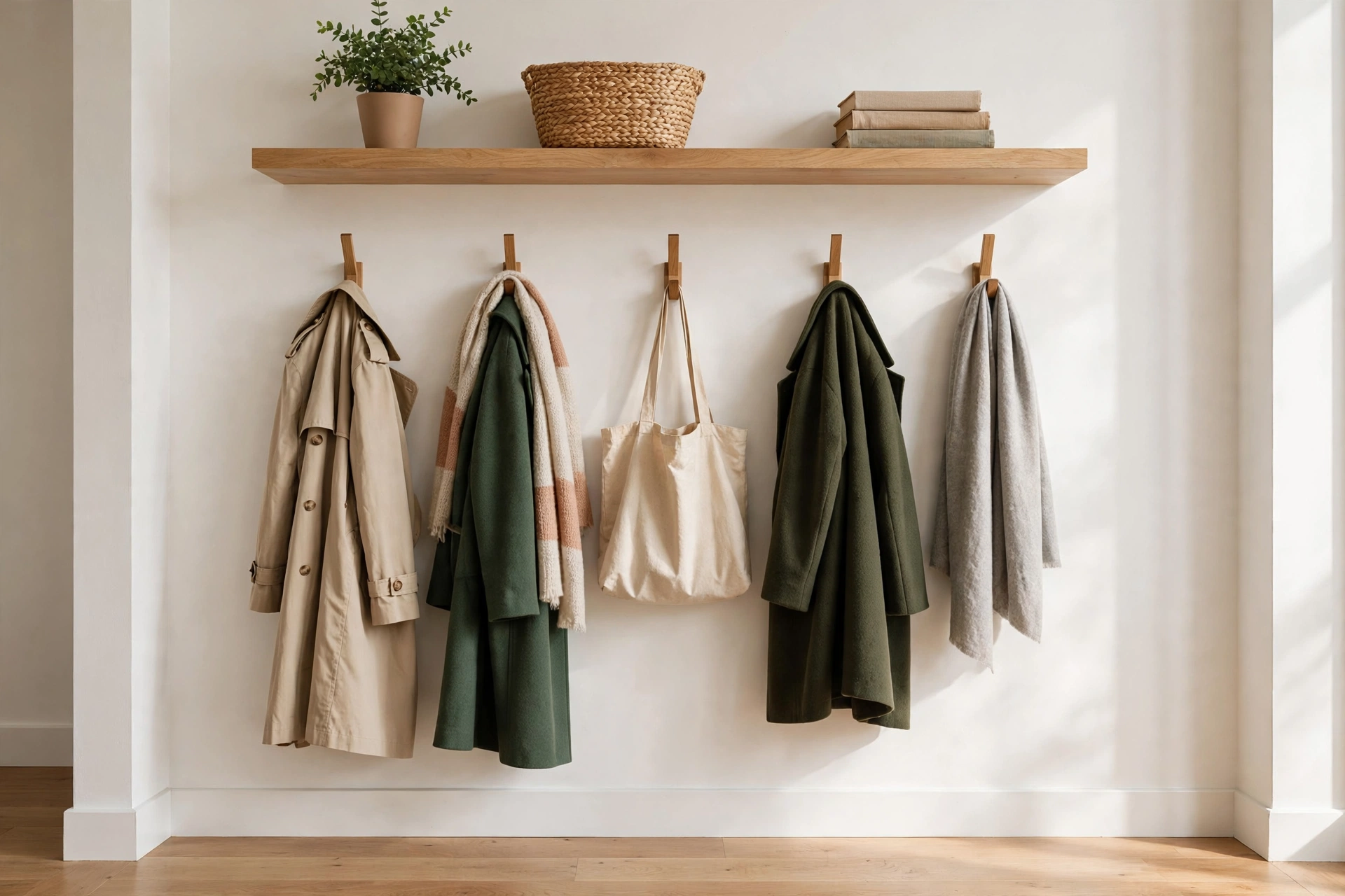 Row of wall hooks with coats and a floating shelf above — simple entryway storage ideas