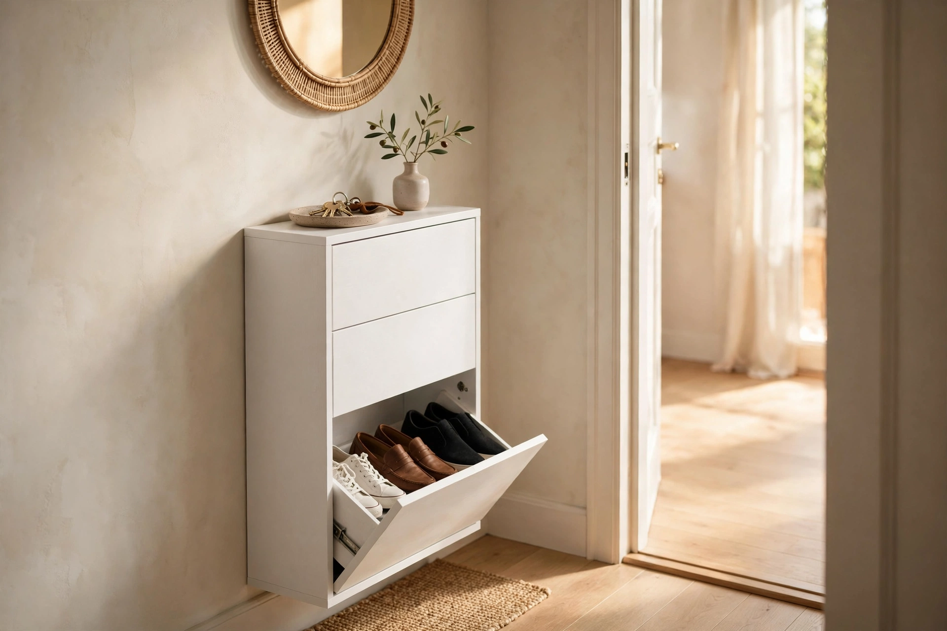 Narrow tilt-out shoe cabinet in a small entryway — space-saving entryway storage ideas