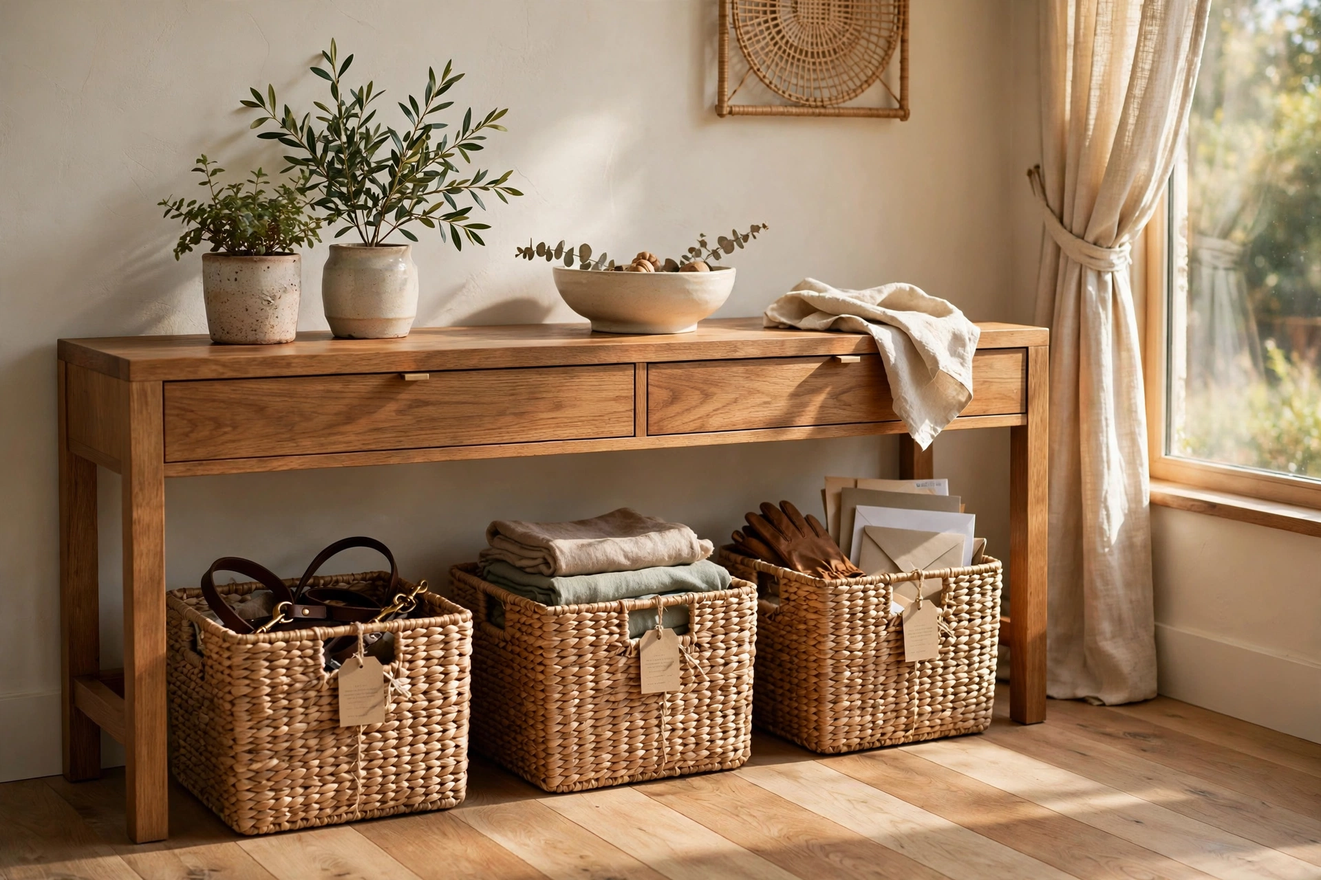 Labeled woven baskets under a console table holding daily gear — organized entryway storage ideas