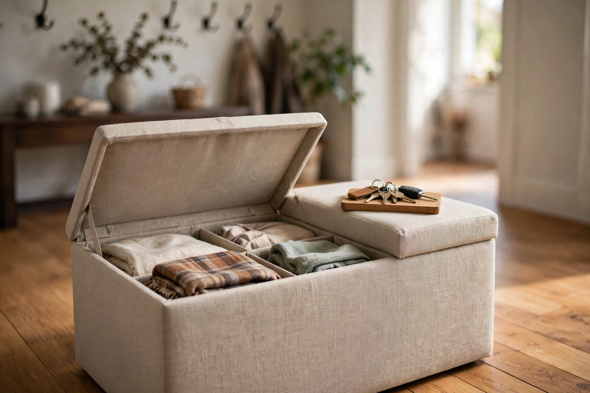Storage ottoman with open lid in an entryway — versatile entryway storage ideas