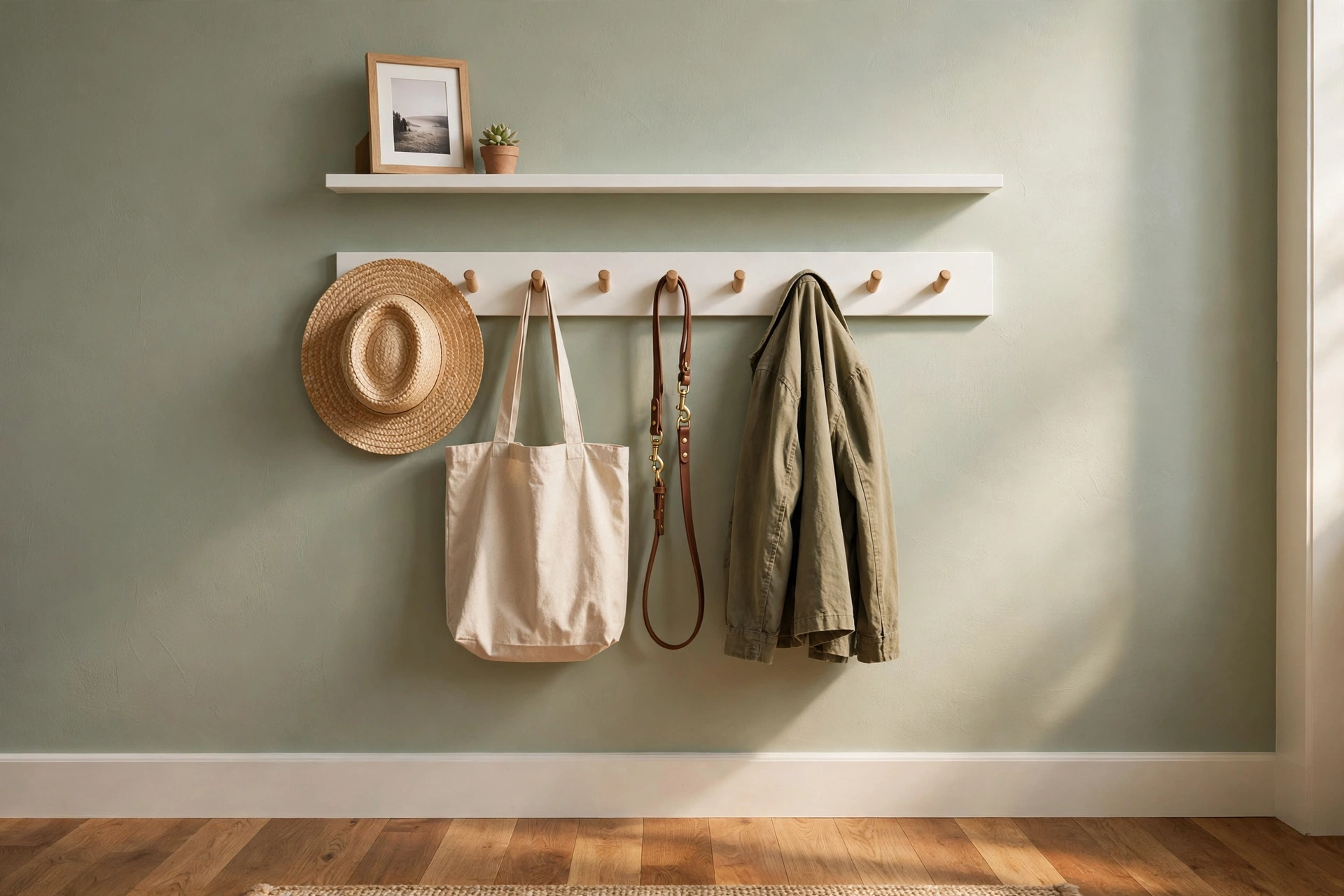Shaker peg rail with hats, tote bag, and dog leash — flexible entryway storage ideas