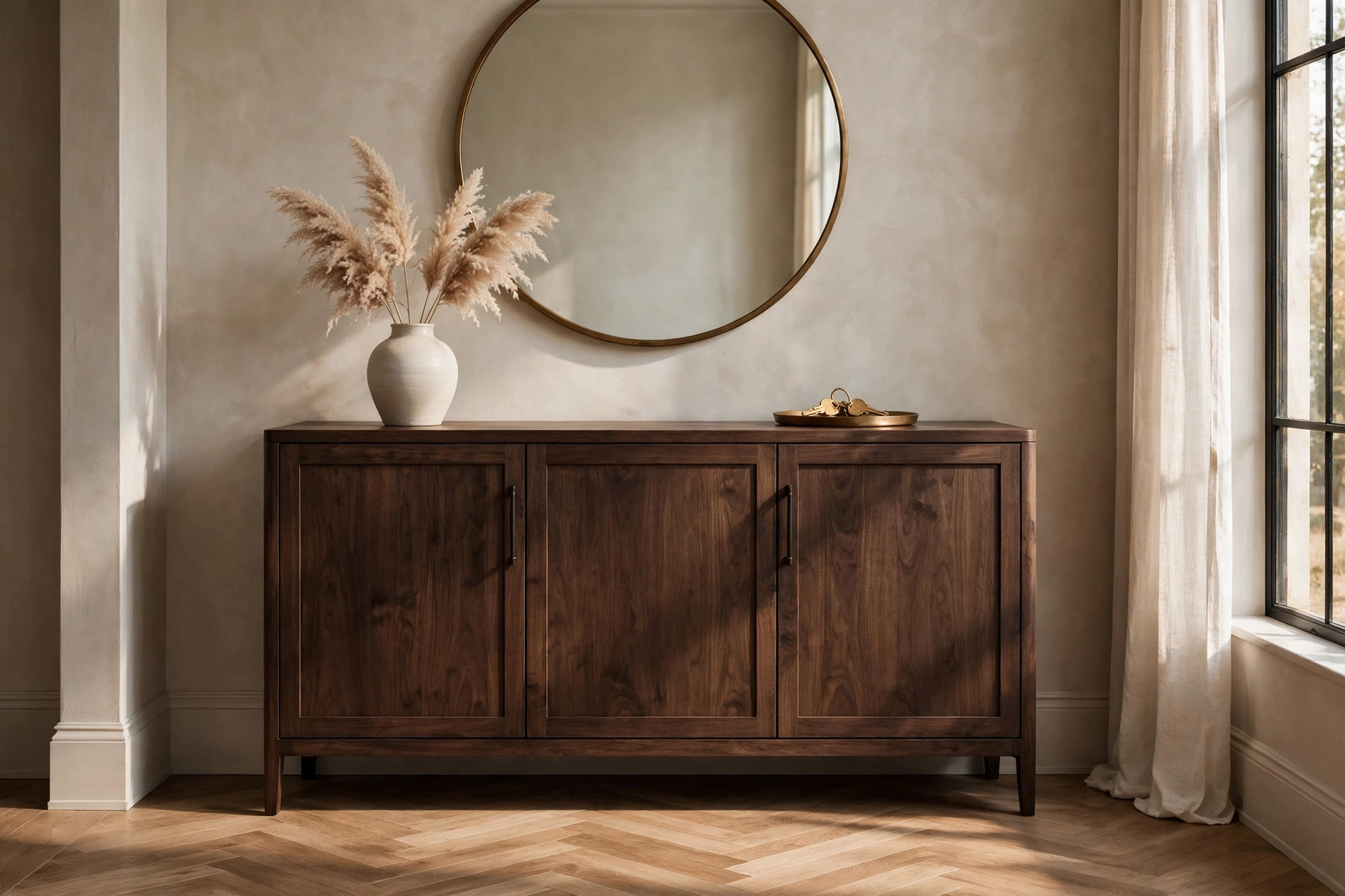 Closed cabinet with styled top in an entryway — clutter-hiding entryway storage ideas