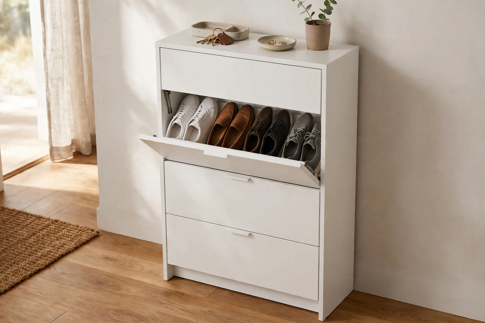 Tilt-out shoe cabinet slightly open showing organized shoes — entryway storage ideas for shoes