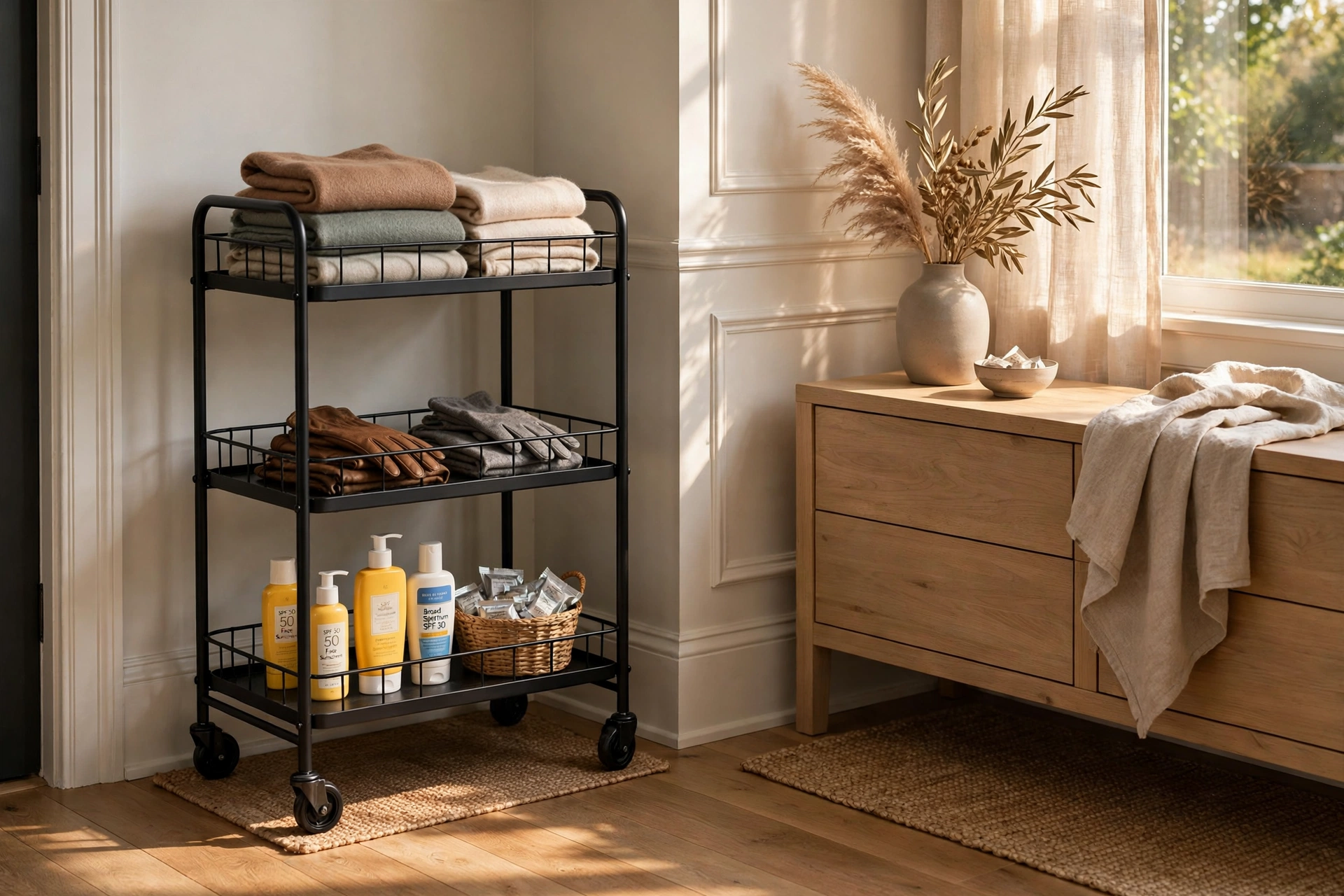 Three-tier rolling cart with seasonal items in an entryway corner — entryway storage ideas for renters