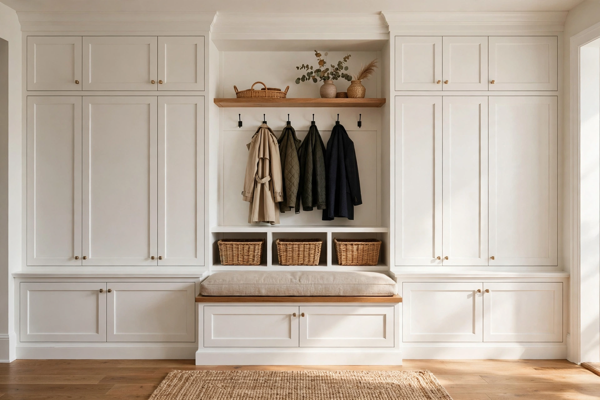 Full entryway storage wall with bench, cabinets, and hooks — built-in style entryway storage ideas