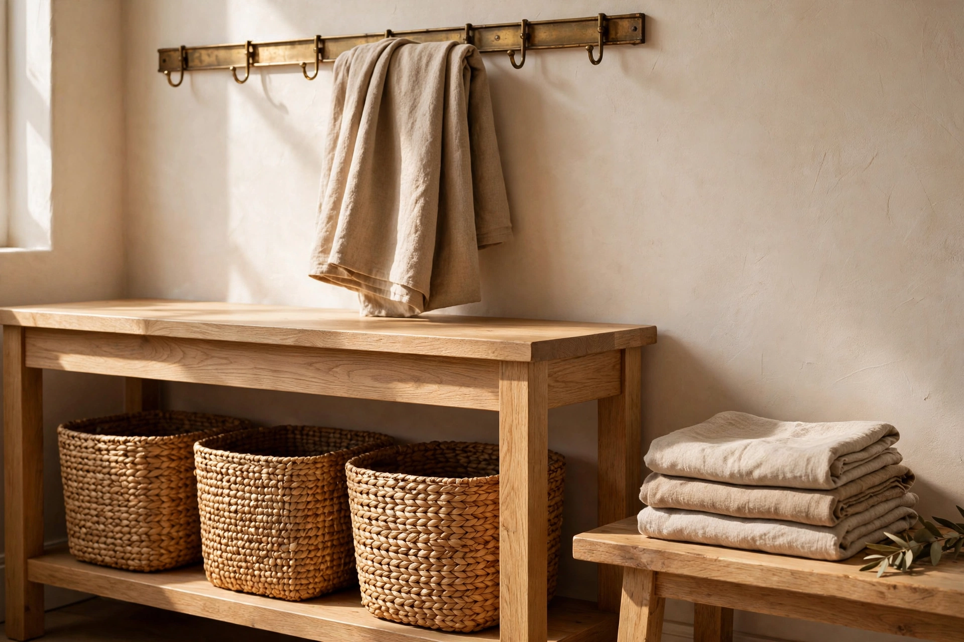 Close-up of entryway storage details: woven baskets under a wooden console, brass hooks, and folded throws — entryway storage ideas