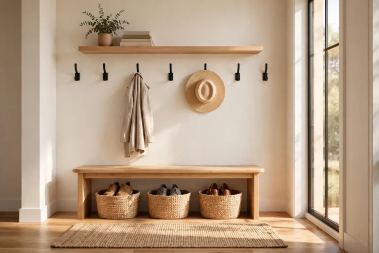 Bright entryway with wooden bench, wall hooks, and woven baskets — entryway storage ideas that look beautiful