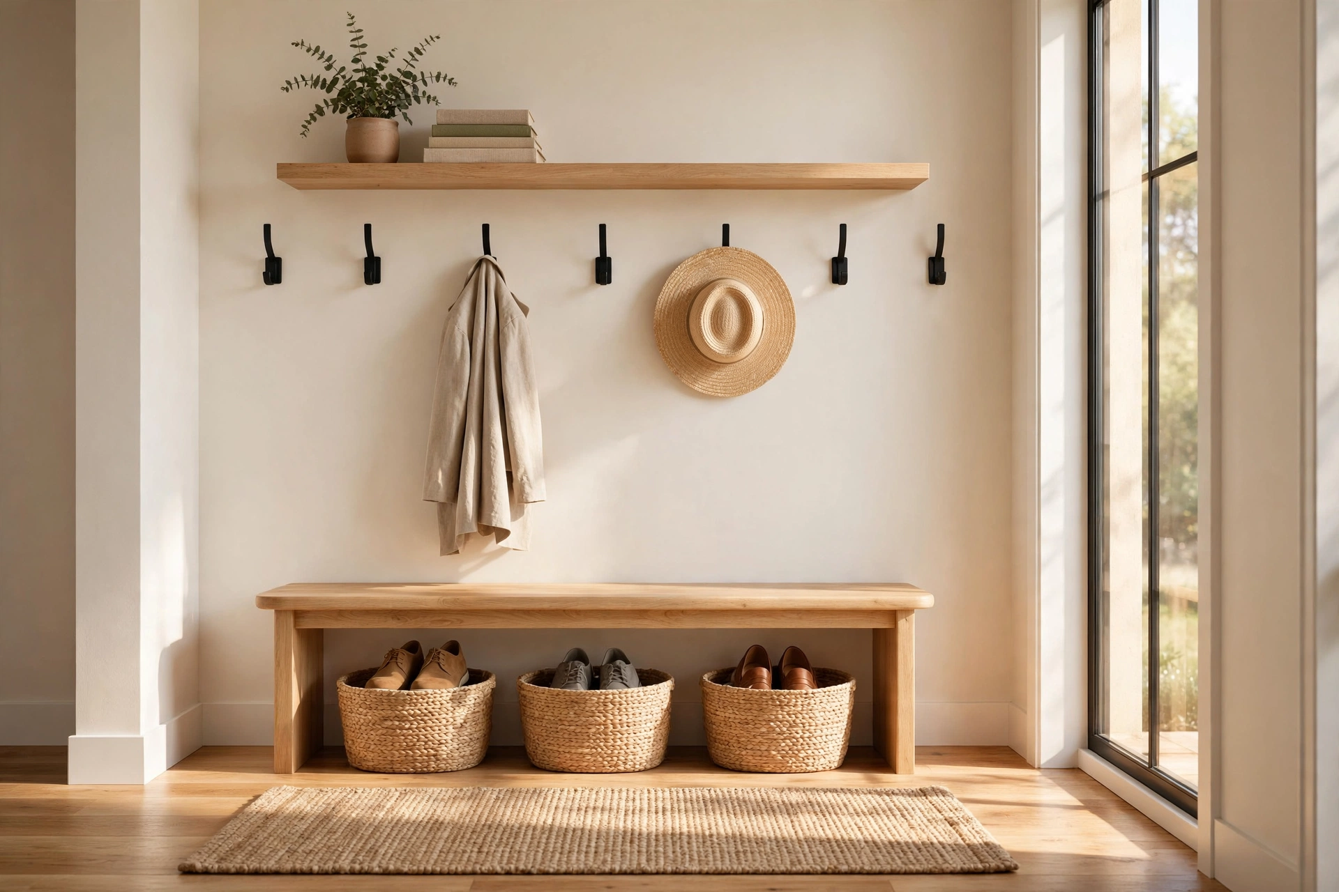 Bright entryway with wooden bench, wall hooks, and woven baskets — entryway storage ideas that look beautiful