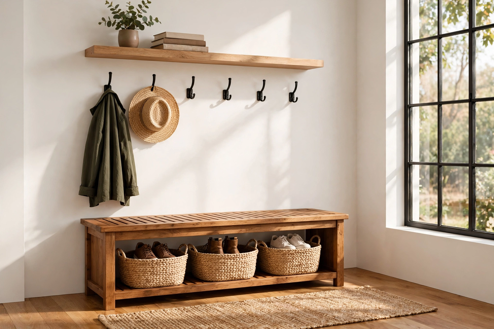 Beautiful entryway with wooden storage bench, wall hooks, and woven baskets in warm natural light — entryway storage ideas