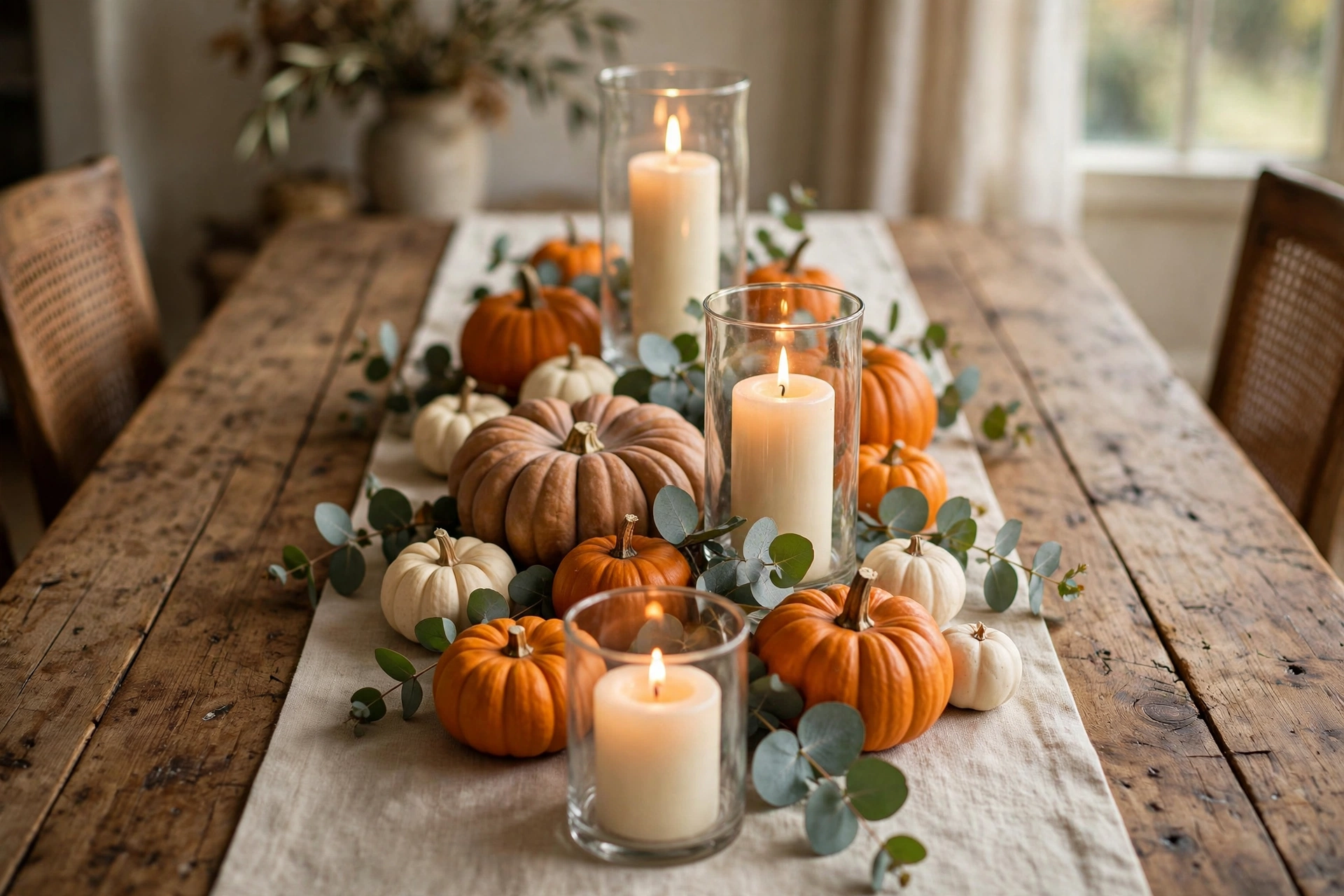 Fall table centerpiece ideas with a pumpkin and candle runner on a wooden dining table