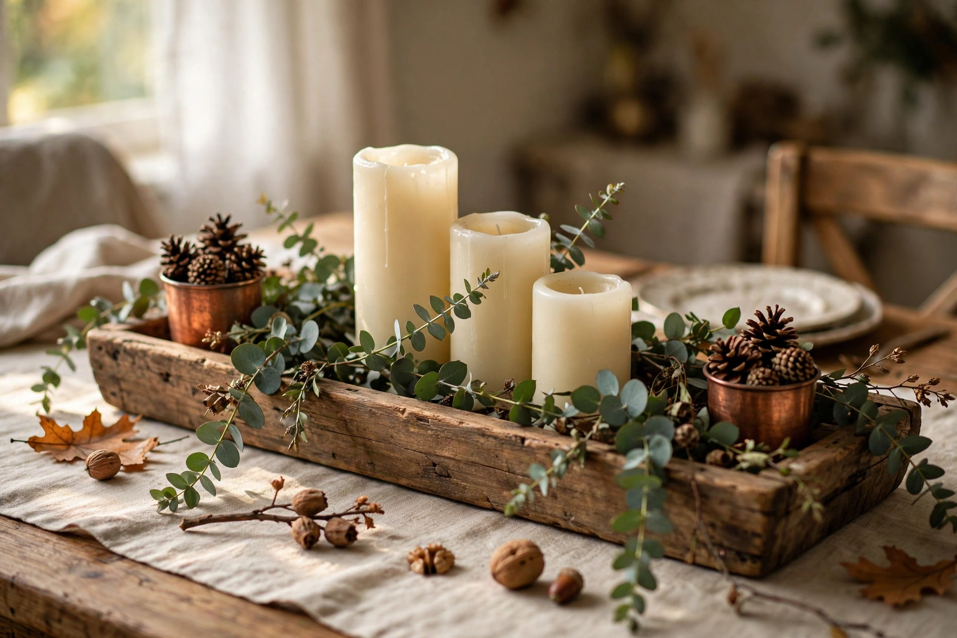 Fall table centerpiece ideas: eucalyptus and pillar candles arranged on a wooden tray