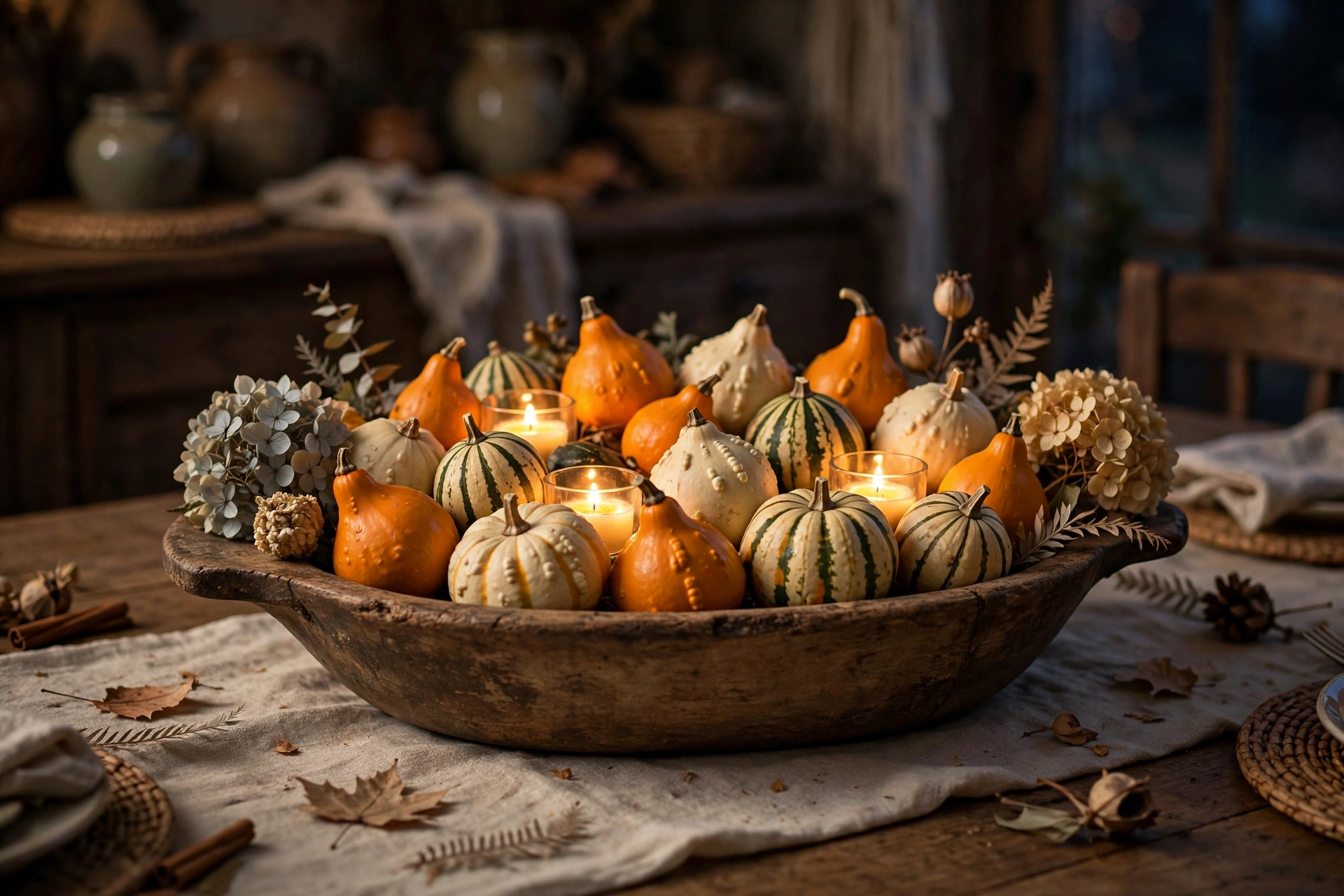 Fall table centerpiece ideas featuring mini gourds in a low wooden dough bowl