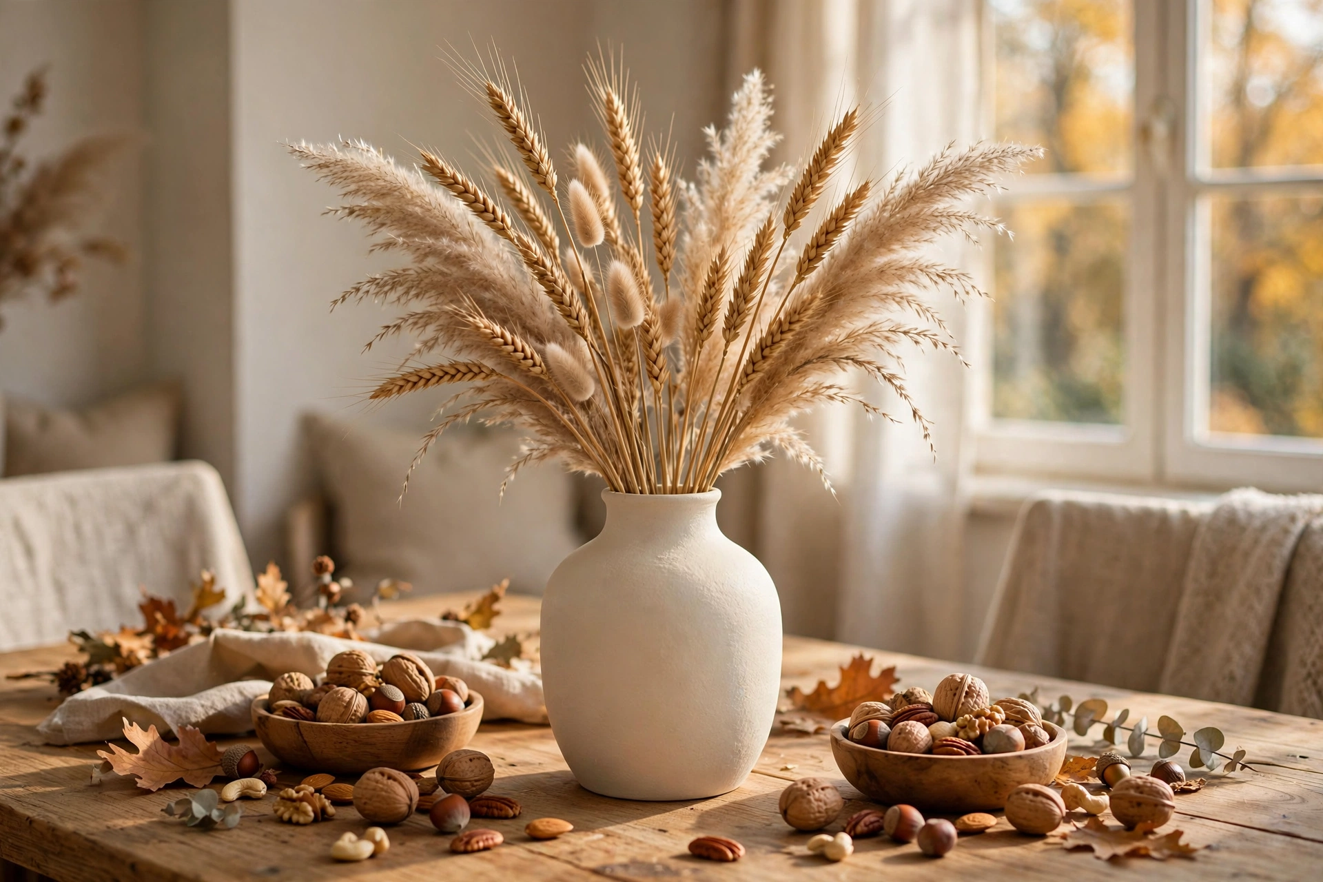 Fall table centerpiece ideas with dried wheat and pampas grass in a tall ceramic vase