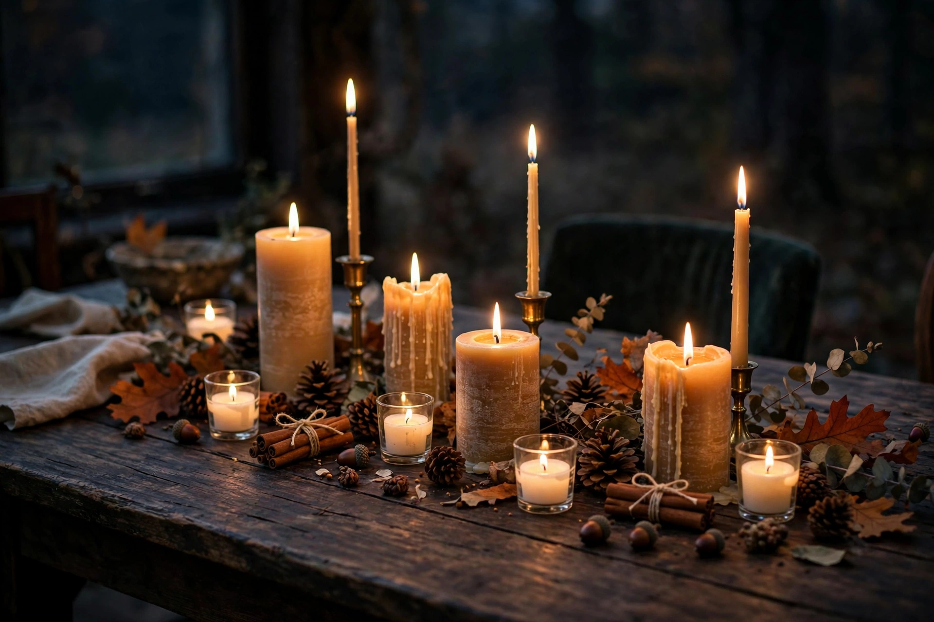 Fall table centerpiece ideas: candle cluster with cinnamon sticks and pinecones
