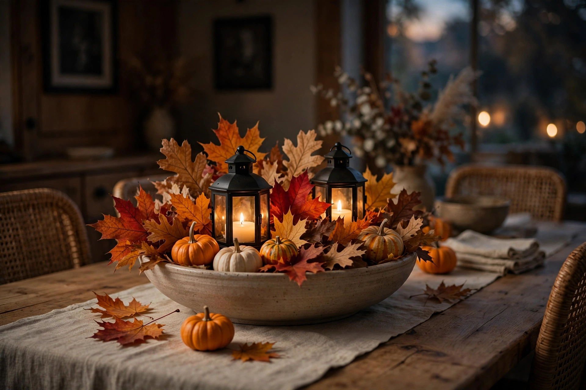 Fall table centerpiece ideas with a low bowl of fall foliage and glowing lanterns