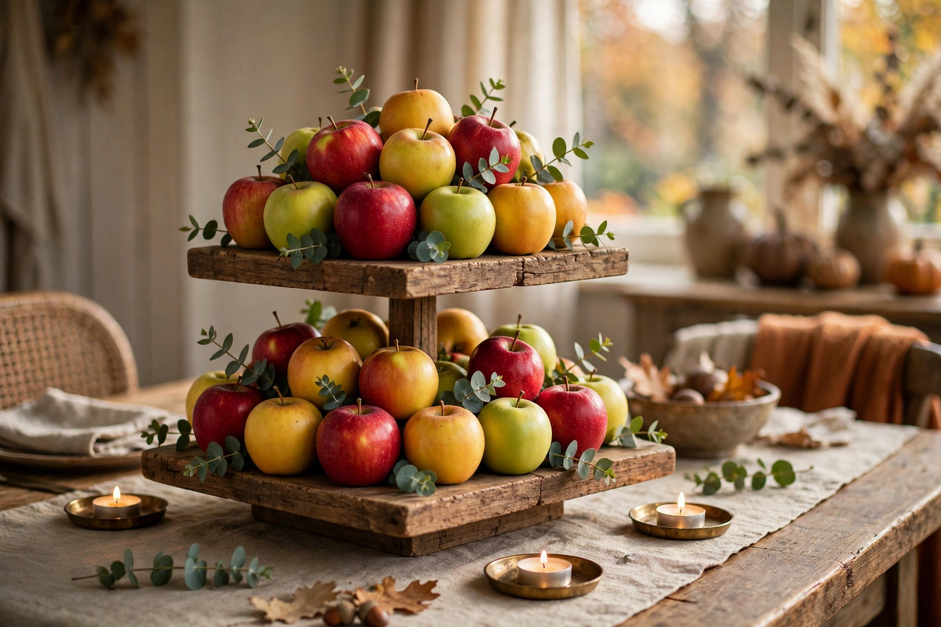 Fall table centerpiece ideas: orchard apples stacked on a rustic tiered stand