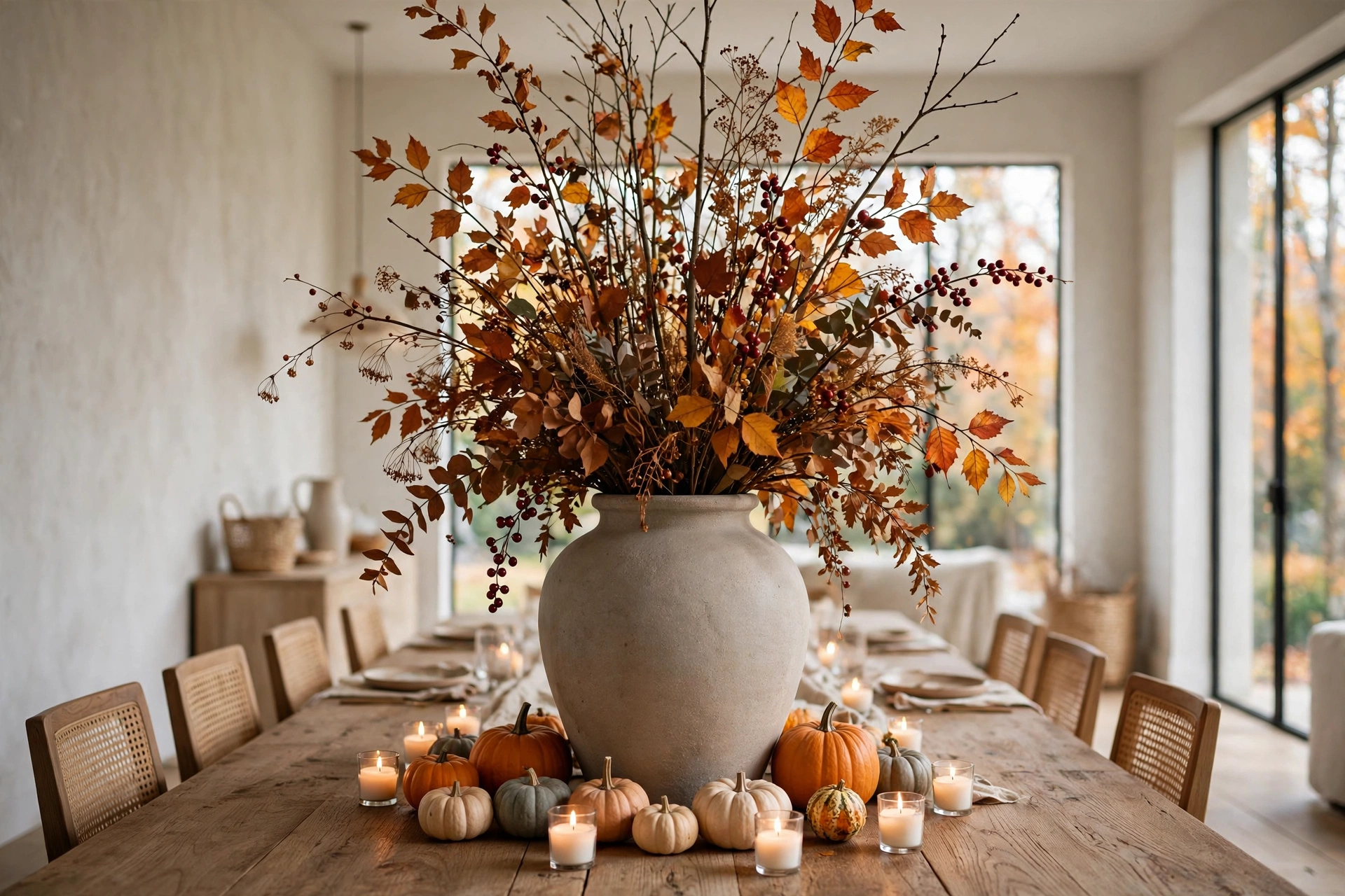Fall table centerpiece ideas with tall autumn branches in a stoneware vase