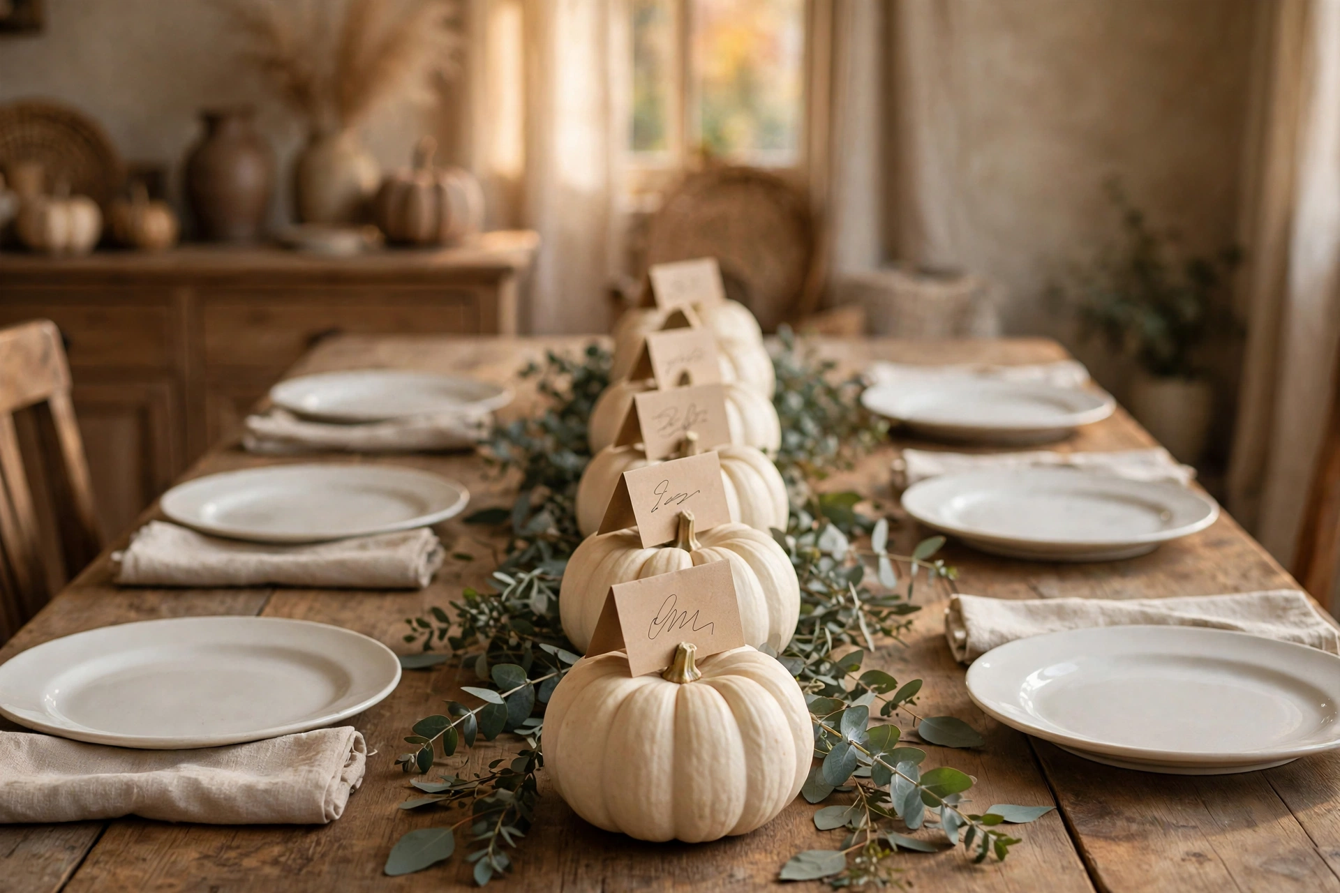 Fall table centerpiece ideas: mini white pumpkins used as place-card holders