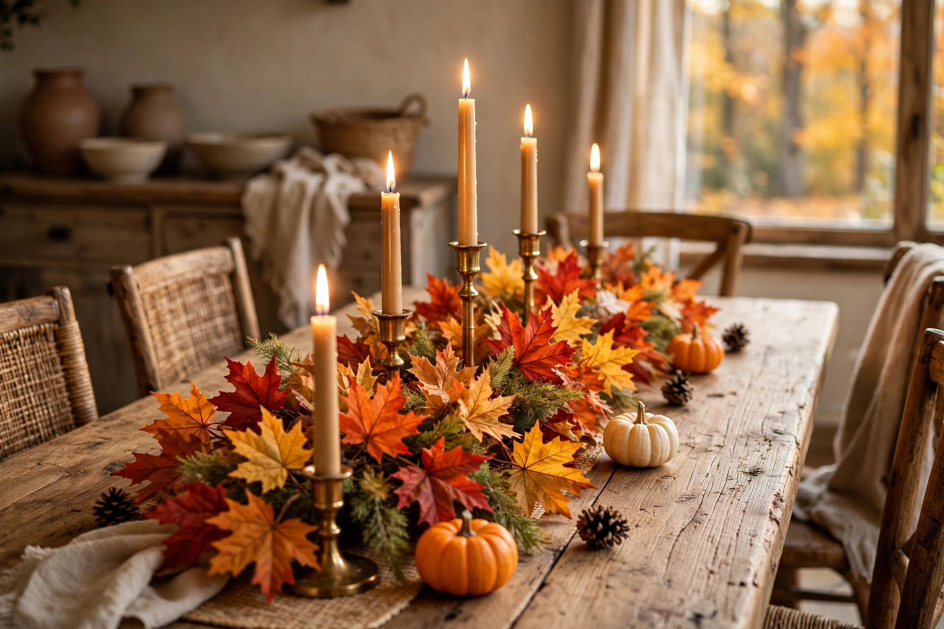 Fall table centerpiece ideas with a faux maple-leaf garland and taper candles