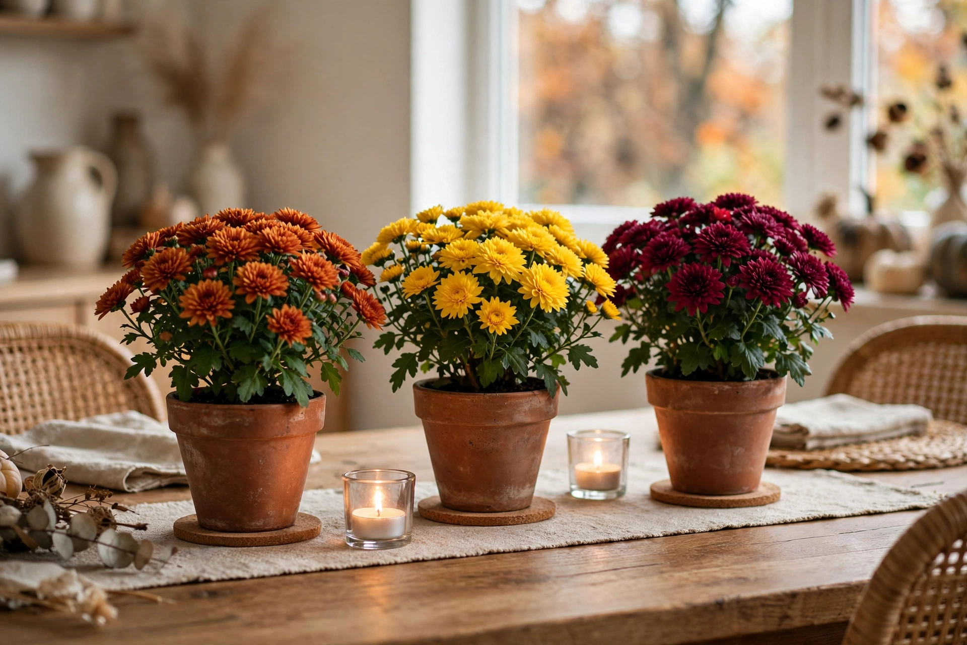 Fall table centerpiece ideas: potted mums in terracotta pots as a fresh centerpiece