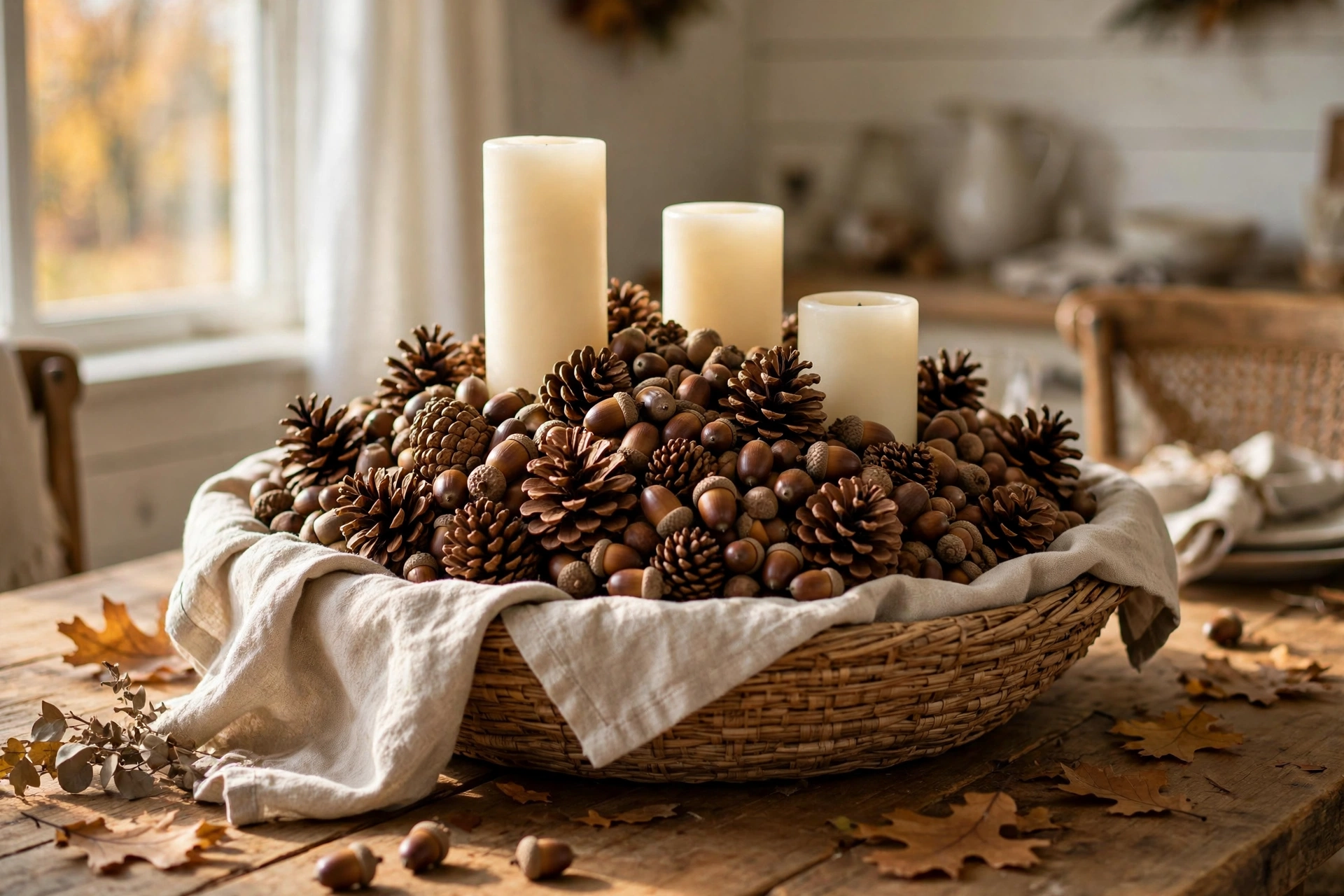 Fall table centerpiece ideas with a woven basket of pinecones, acorns, and candles