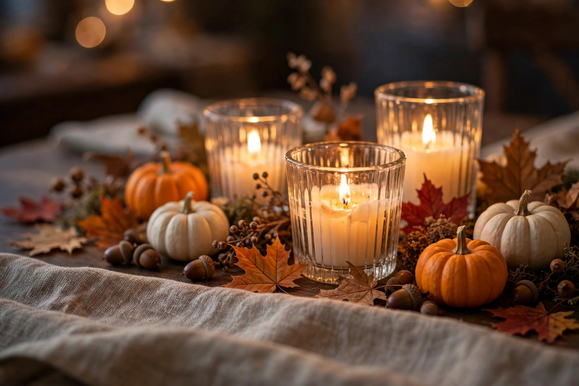 Close-up of fall table centerpiece details: glowing candles, mini pumpkins, autumn leaves, and a linen runner — warm fall table centerpiece ideas