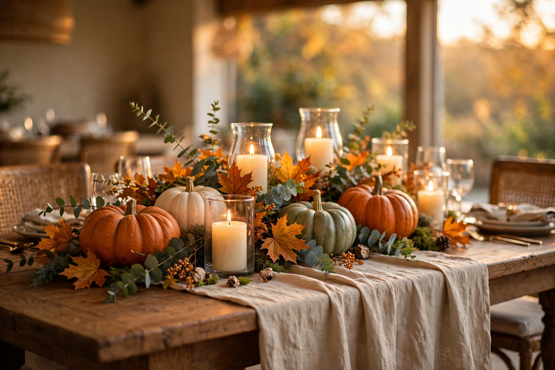 Dining table styled with fall table centerpiece ideas: pumpkin runner, candles, and amber foliage in warm light