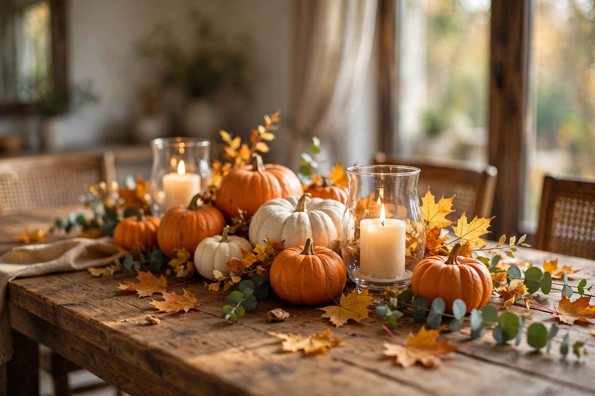 Warm fall table centerpiece with pumpkins, lit candles, and autumn foliage on a wooden dining table — fall table centerpiece ideas for a cozy gathering