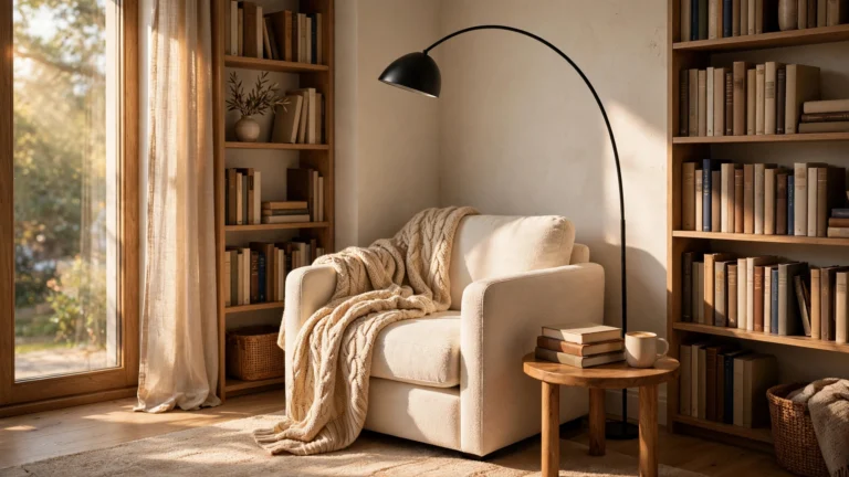 Reading nook ideas: wide shot of a sunlit living room corner with an armchair, floor lamp, and bookshelves