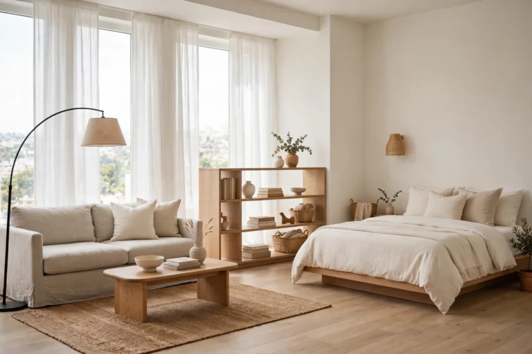 Studio apartment ideas: bright open studio apartment with defined living and sleeping zones, light neutral palette, and daylight streaming through tall windows