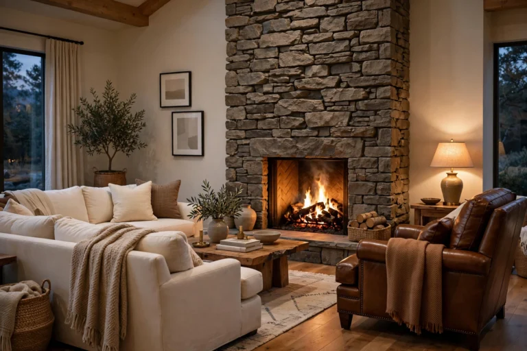 Cozy living room stone fireplace ideas with a tall rough-cut stacked stone chimney breast and warm firelight