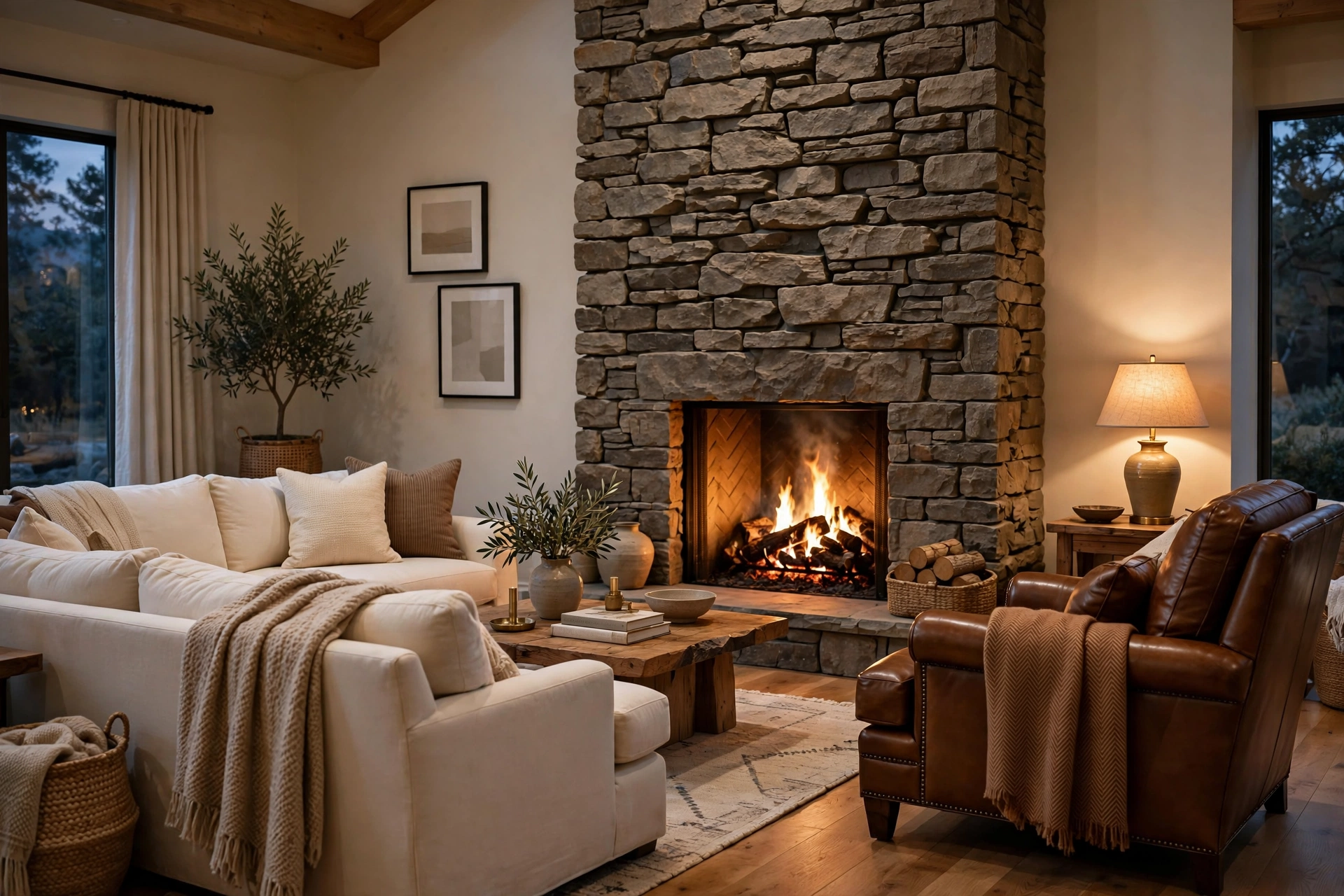 Cozy living room stone fireplace ideas with a tall rough-cut stacked stone chimney breast and warm firelight