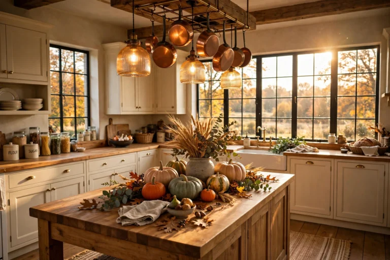 Fall kitchen decor ideas: warm harvest-style farmhouse kitchen with pumpkins and amber pendants